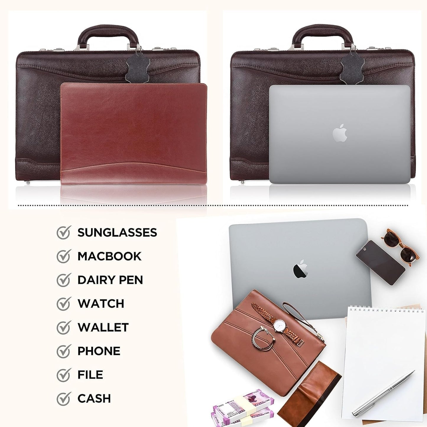 Full Grain Leather Briefcase Attache Case For Unisex Size L18 * W5 * H12 Inches Expandable