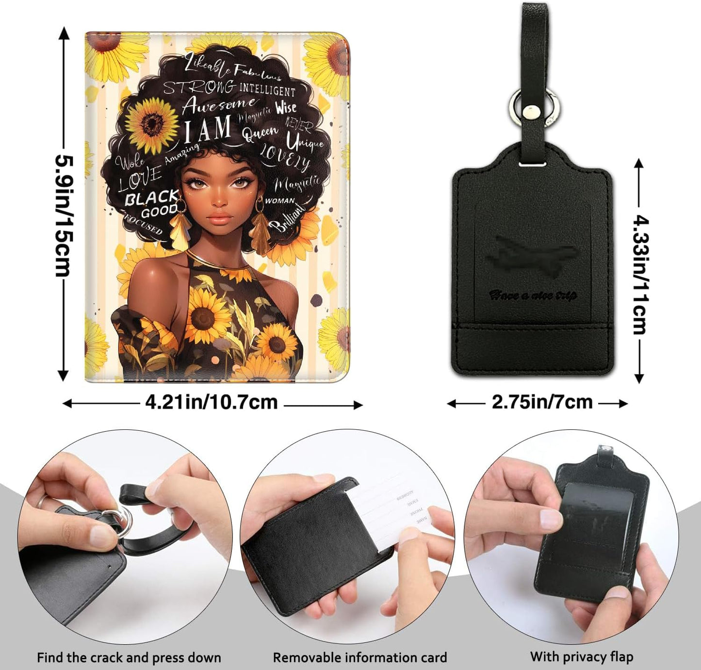 Passport Holder Women Wallet with Luggage Tag, Leather Passport Cover with RFID Blocking, Travel Accessories Multi Card Slot Passport Case for Men，African American Women Black Women