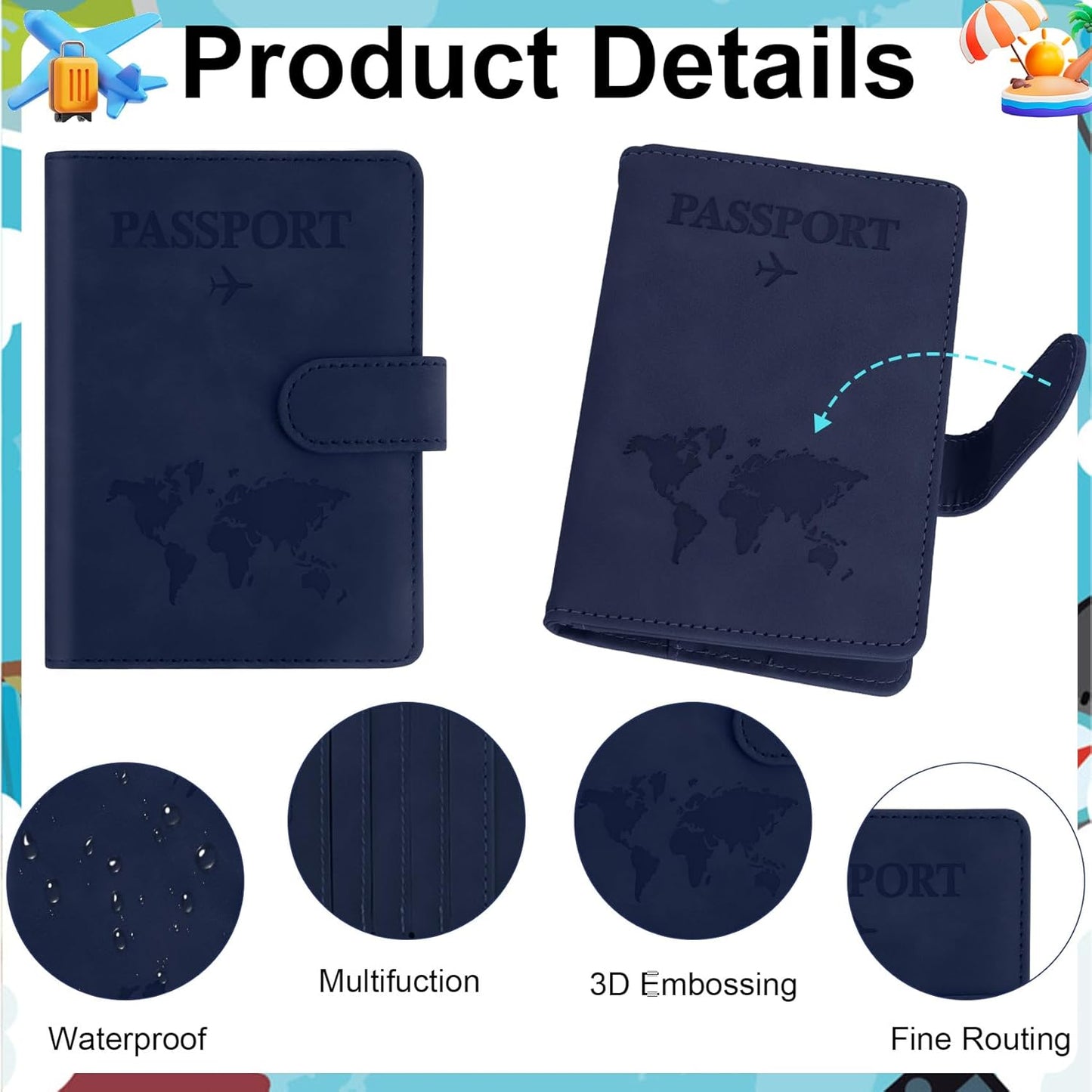 Passport Holder for Travel Essentials, Dark Blue Leather Passport Cover, Passport Wallet Holders for Women Men Family Travel Gifts Must Have Accessories, Credit Card Cash Air Ticket Storage Supplies