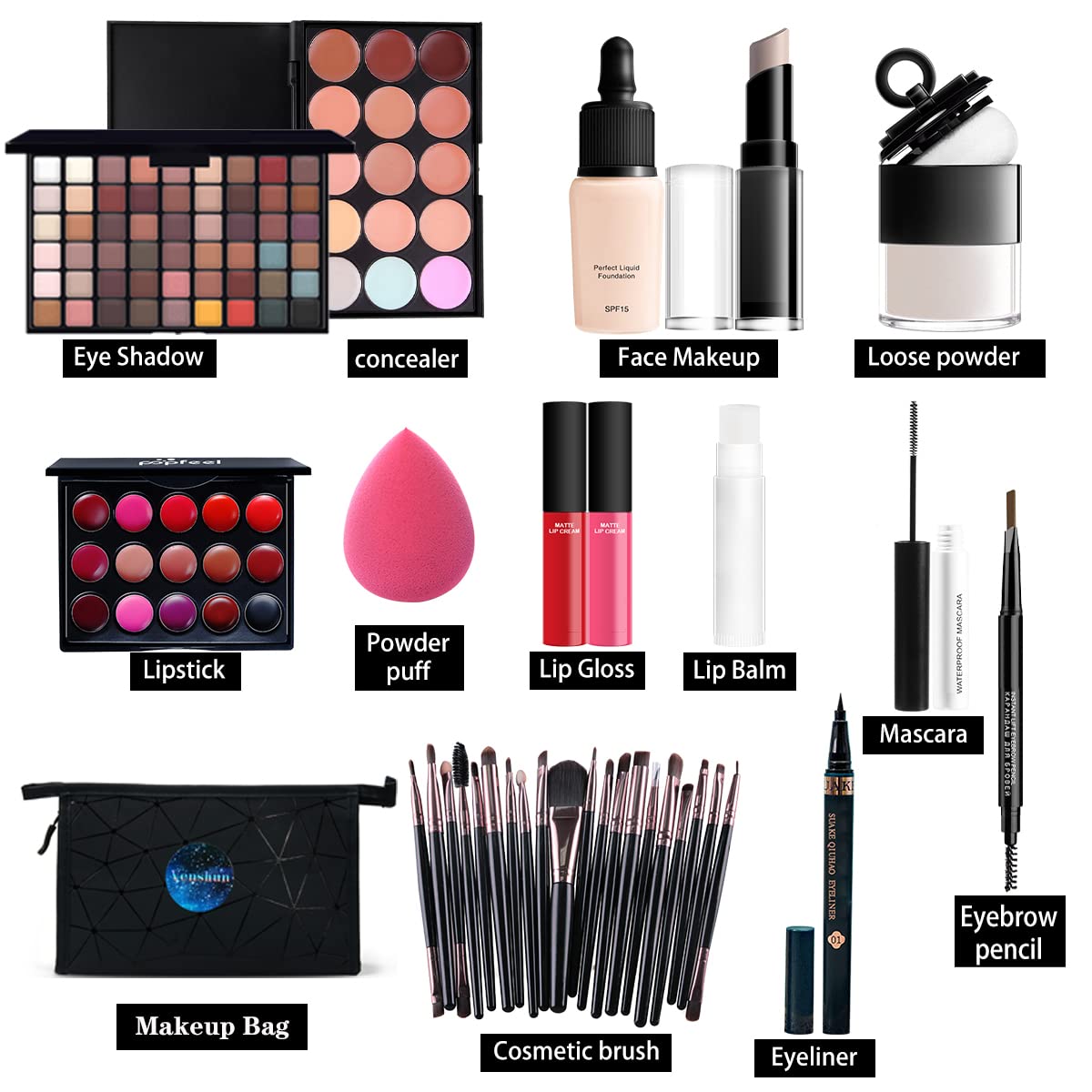 All in one makeup kit full versatile essential eyeshadow palette lipstick, blush, foundation, concealer, lip gloss, mascara, lip balm, powder puff powder, makeup set for women