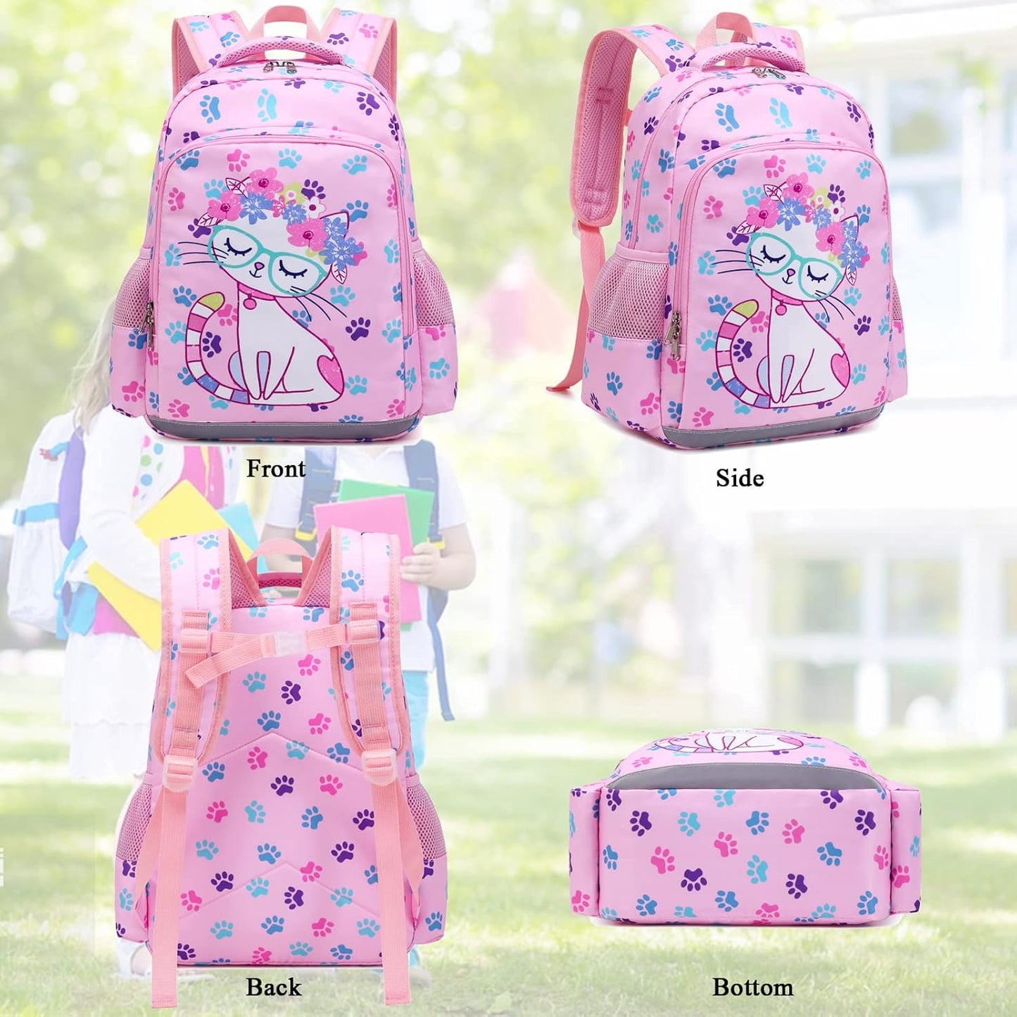 Octsky Backpack for Girls Kids School Backpacks with Lunch Box Preschool Kindergarten BookBag Set With Chest Strap Cat Pink