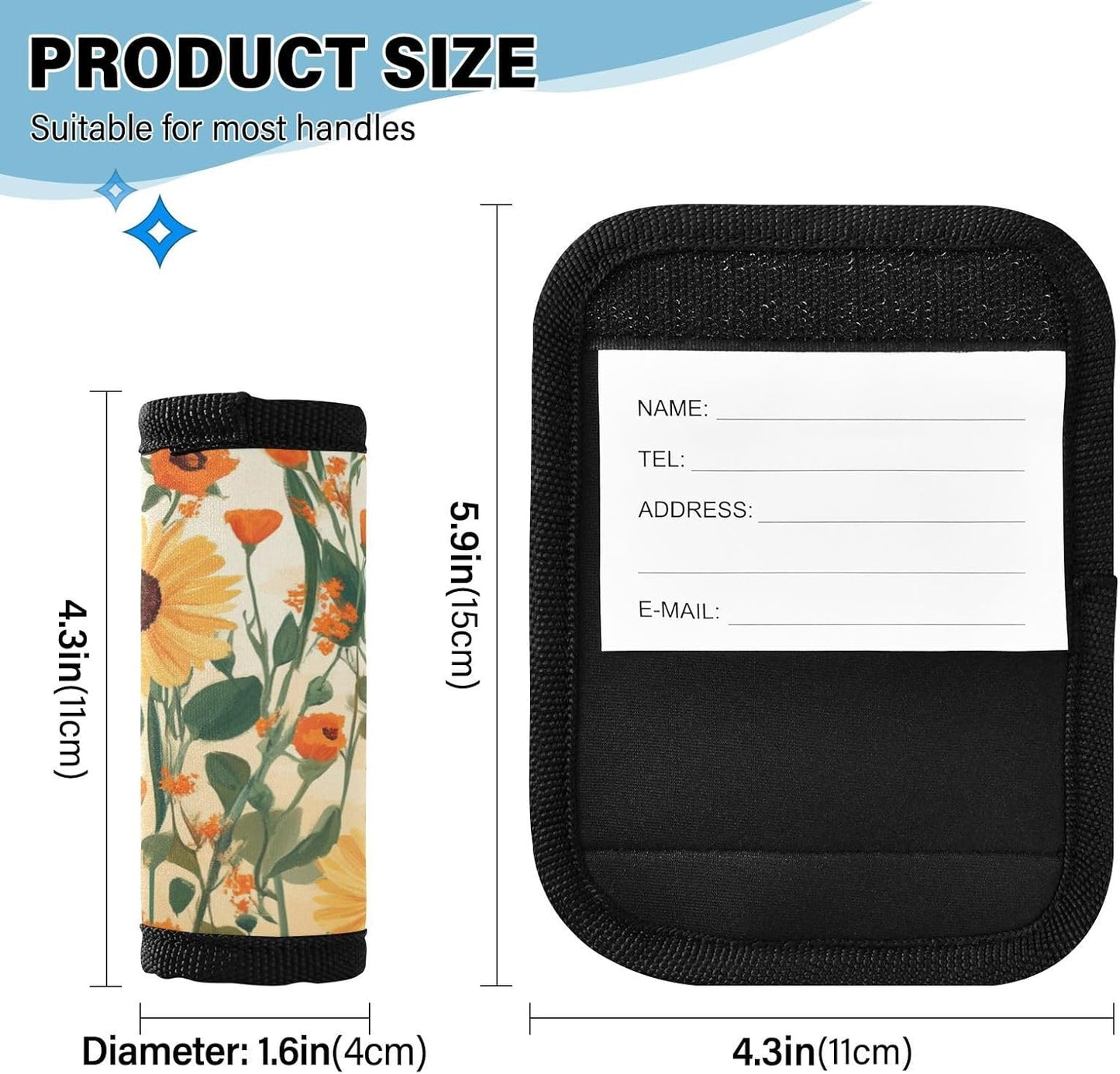 Cute Sunflowers and Poppy Flowers 2 Pack Luggage Handle Wraps Covers for Suitcase Identifiers Bag Tags Travel Accessories