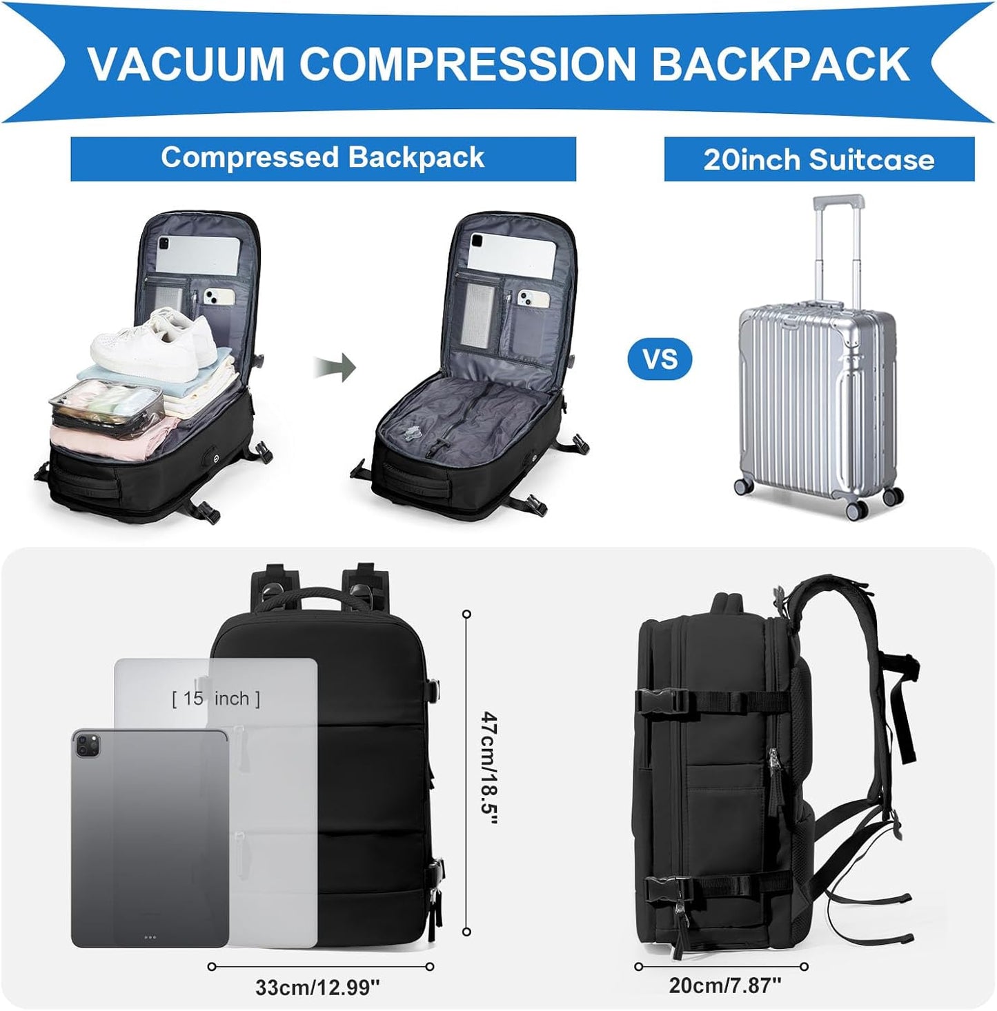 coowoz Vacuum Backpack Travel with Pump,Travel Backpack with Vacuum System For Women Men,Carry On Backpack,Hiking Backpack Waterproof Outdoor Sports Rucksack Casual Daypack,30L(Vacuum pump),Black