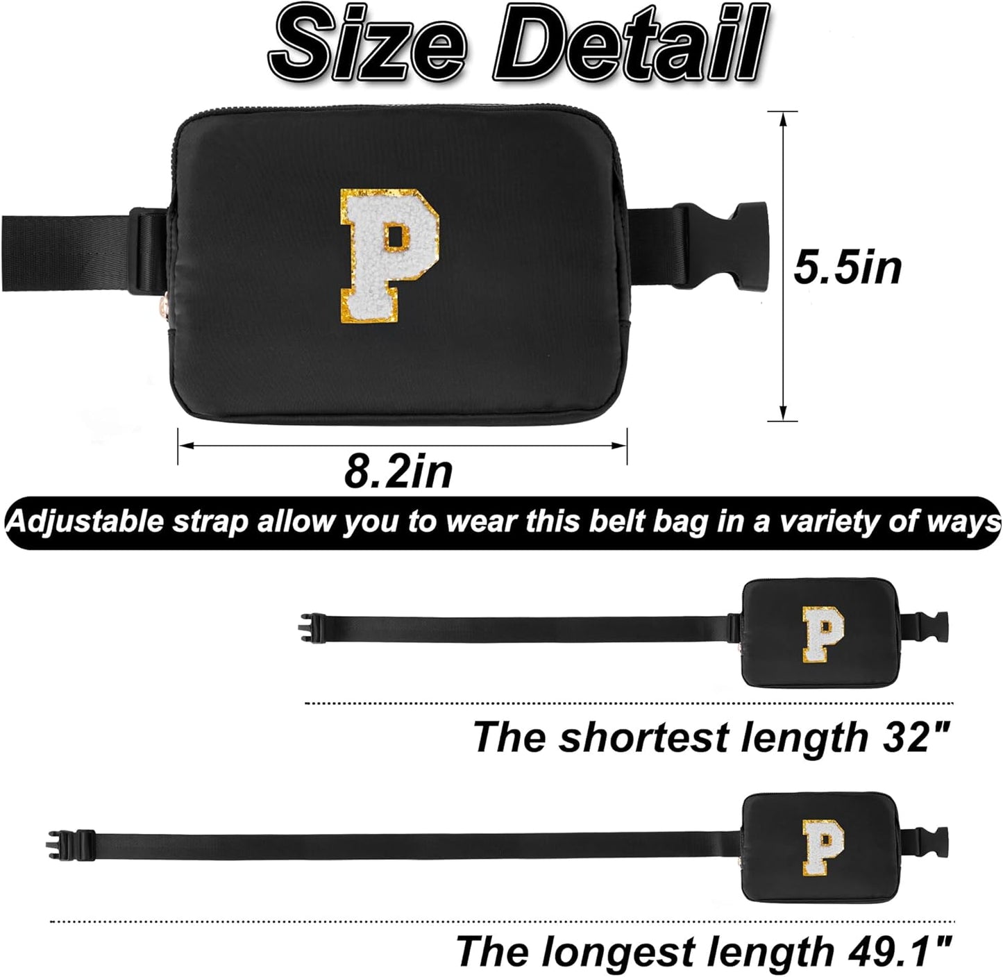 Belt Bag Crossbody Bags for Girls Women - Gifts for 8 9 10 11 12 13 Year Old Girl - Teen Birthday Gifts - Small Waist Packs Trendy Kids Fanny Pack - Initial White P,Black Bag
