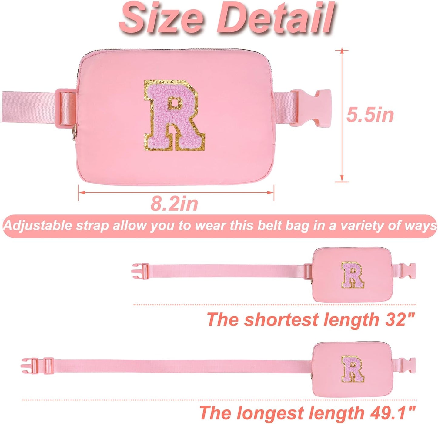 Personalized Belt Bag for Women Girls - Fashion Mini Waist Packs with Adjustable Strap - Trendy Travel Fanny Pack Crossbody Bags with Initial Letter - Teen Gifts | Peach,R