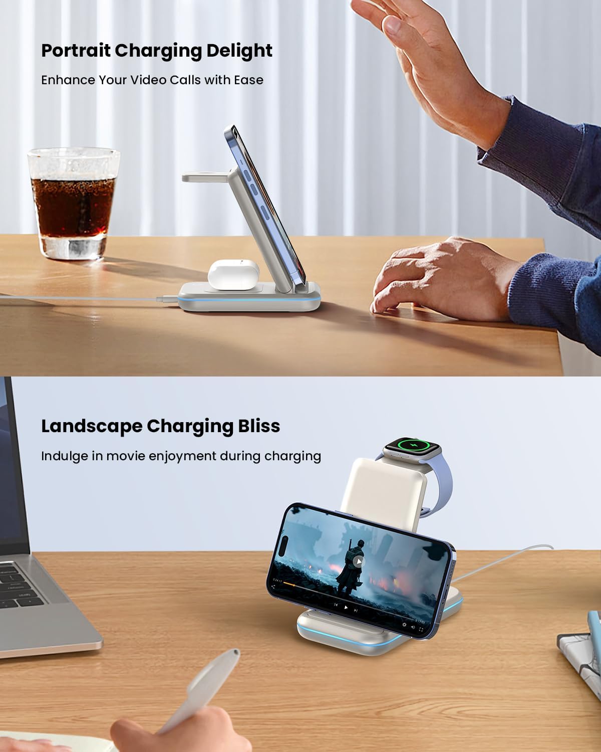 Wireless Charging Station: GEEKERA 3 in 1 Foldable Wireless Charger Stand for iPhone 17 16 15 14 13 12 11 Pro Max/X/8, Charging Station for Apple Watch Ultra/11/10/9/SE/8/7/6/5/4/2, AirPods 2/3/Pro