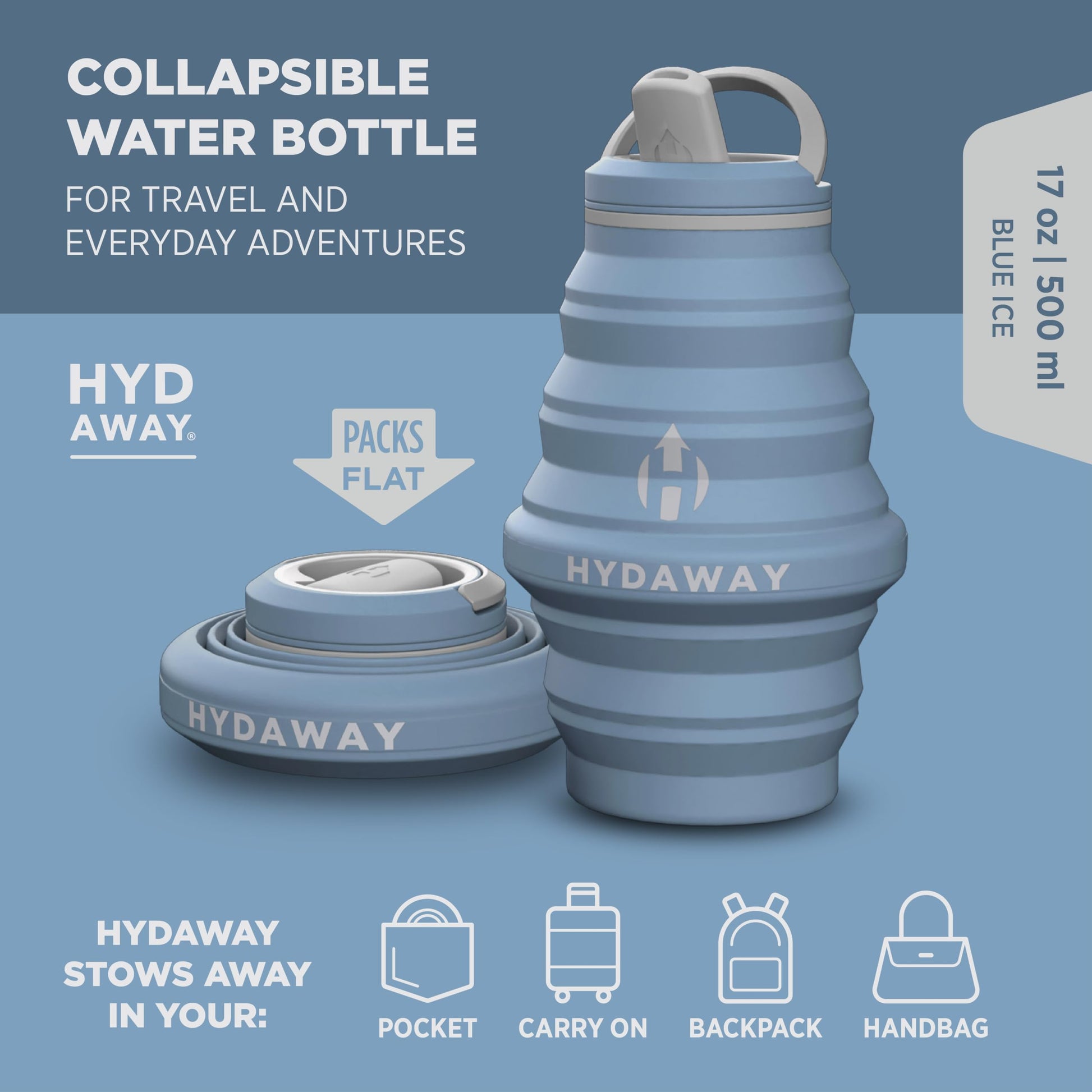HYDAWAY 17oz Collapsible Water Bottle, Packable Leakproof for Travel