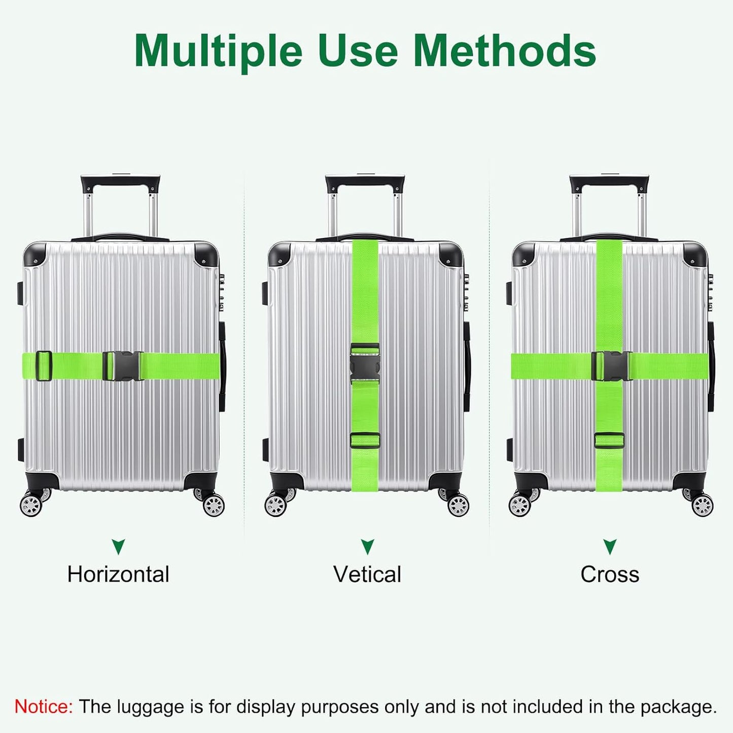 4-Sets Luggage Straps TSA Approved, Travel Straps for Luggage Suitcase Tags Set, Adjustable Suitcase Belt [Bright Green]