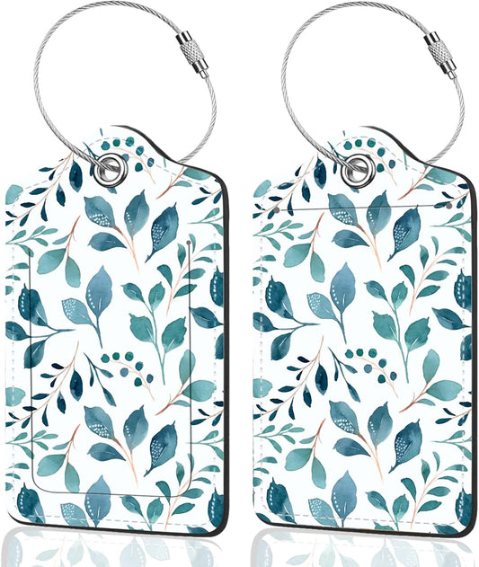 2Pack Luggage Tags for Suitcases, Cute Unique Pu Leather Cruise Luggage Tag with Privacy Cover ID Label Address Card and Metal Ring Suitable for Women Men Kids Travel Bag Green Leaf