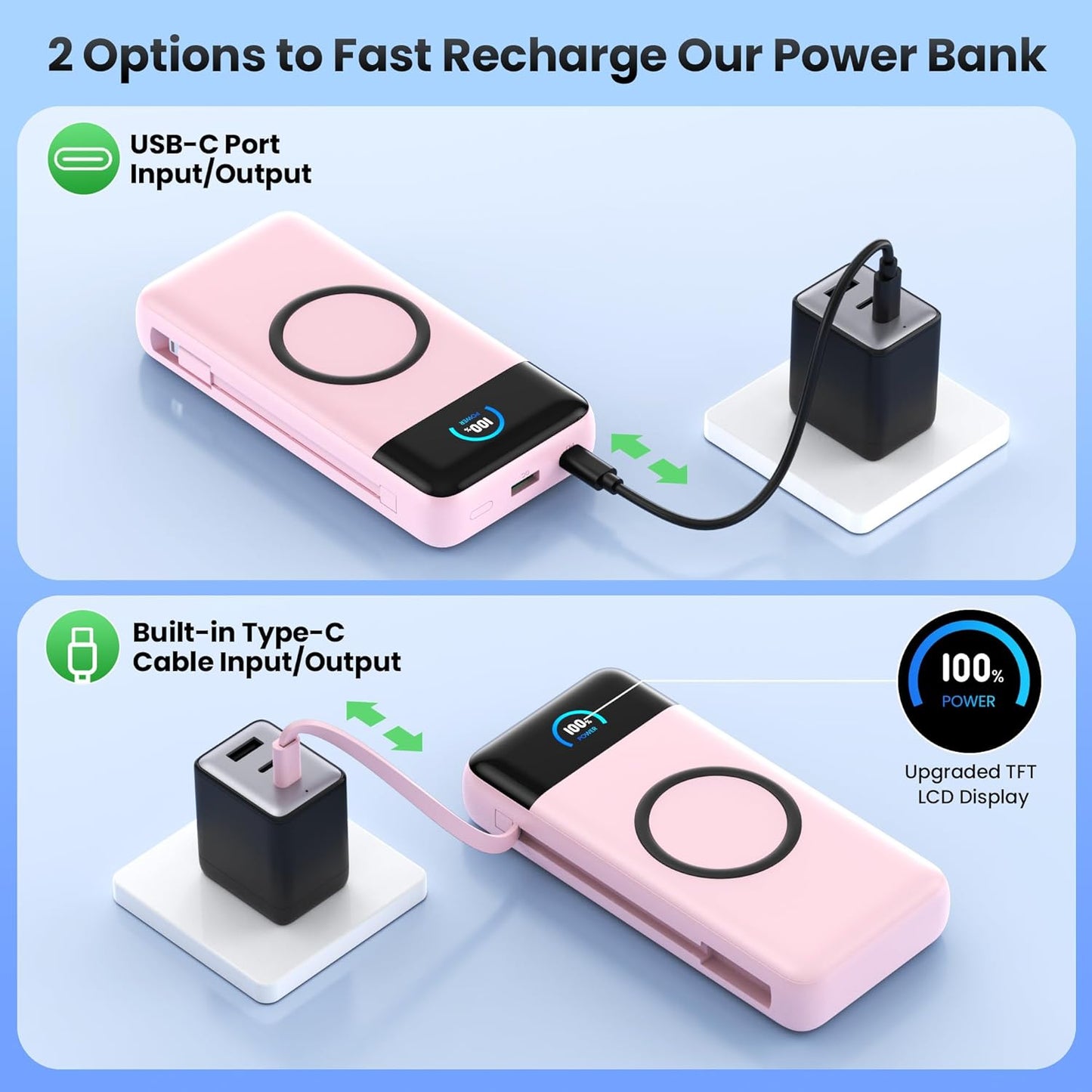 Wireless Portable Charger 40800mAh with Built-in Cables, 15W Wireless Charging USB C Power Bank, 25W PD QC 4.0 5 Outputs Travel Essential Battery Pack for iPhone 17/16/15/14/13, Samsung, Android etc