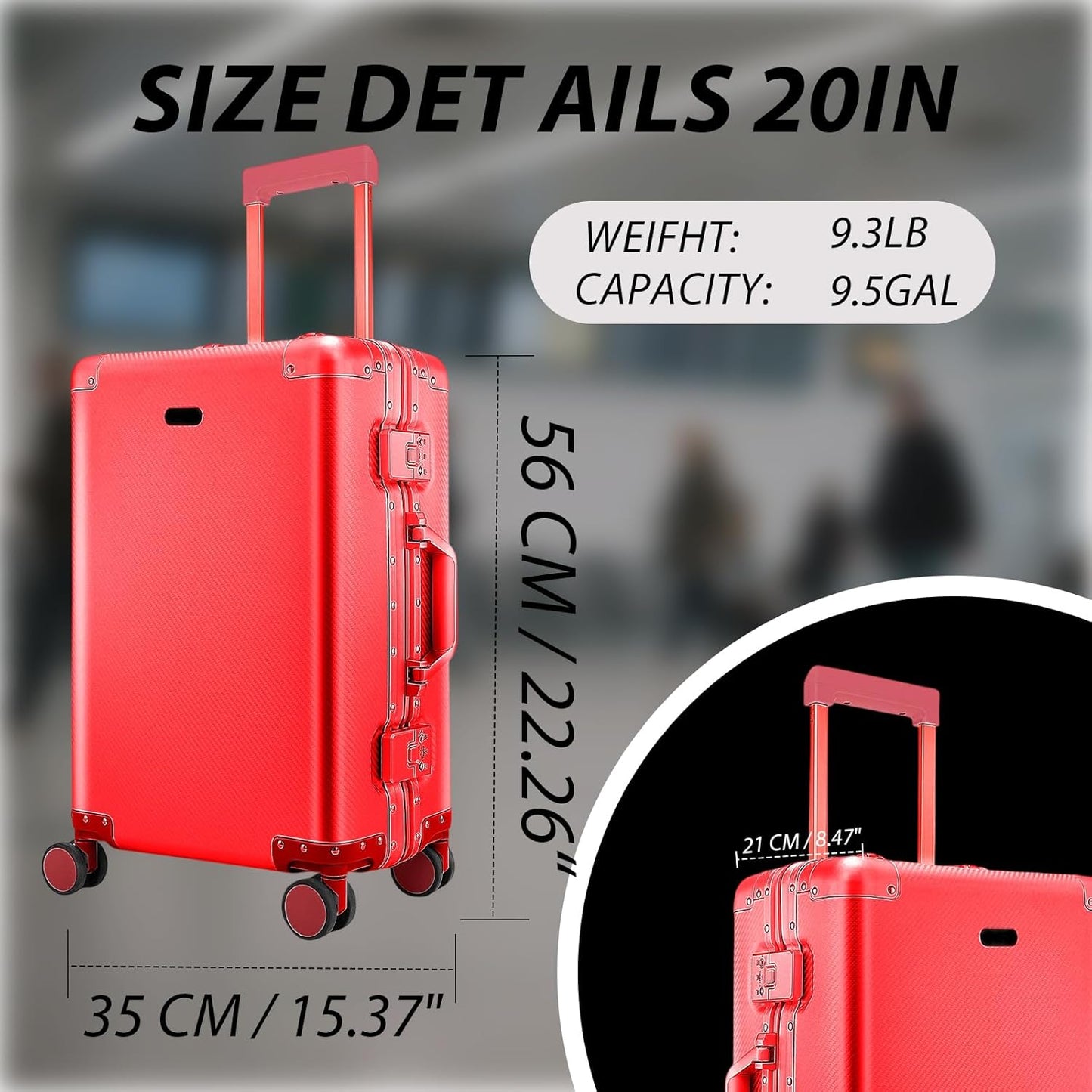 Tmore Aluminum Frame Luggage with No Need to Check in, Hardside Suitcase with Spinner Wheels, Metal Travel Luggage with Double Tsa Locks, 20 Inch, Red Small