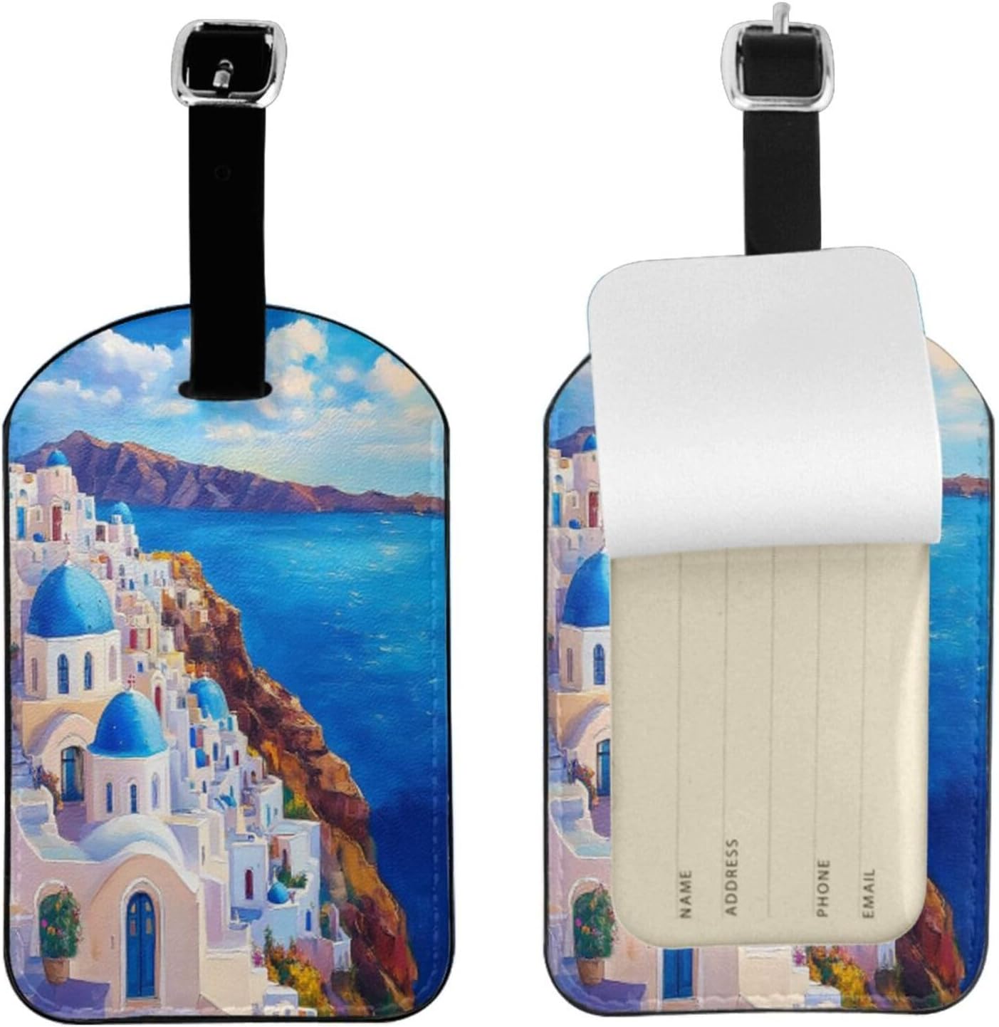 Aegean Sea Greece Luggage Tag for Suitcases,Santorini Landscape Painting PU Leather Baggage Tags Bag Tags Travel Id Label for Luggage Women Men -1 Piece