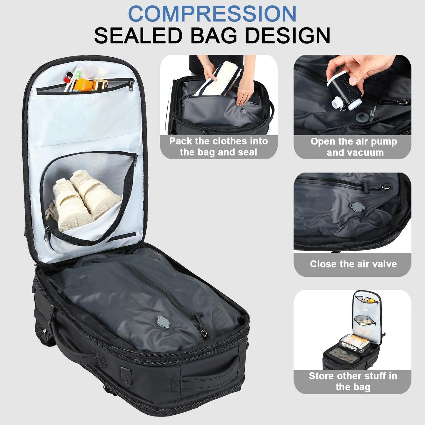 SOAEON Vacuum Backpack with Pump,Waterproof Underseat Carry on Bag with Vacuum Seal Compression Backpack for Airplane