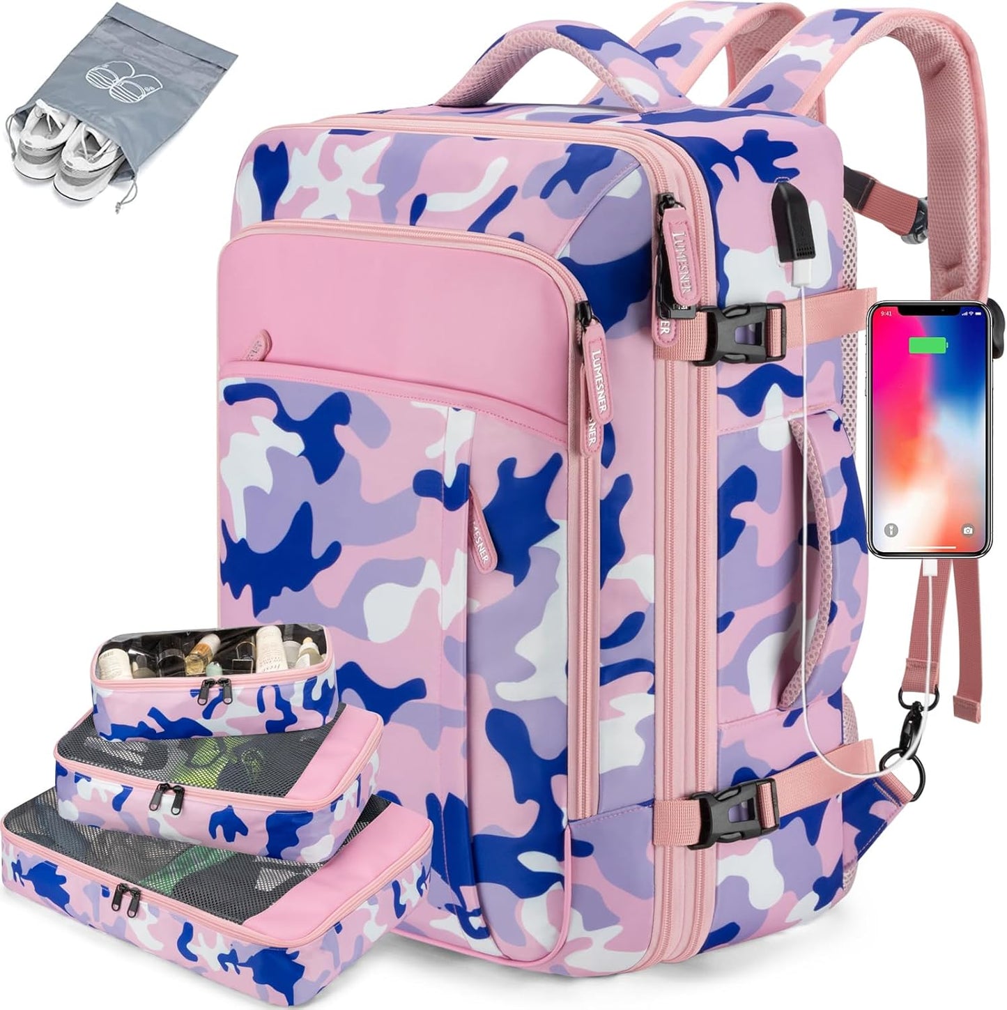 Lumesner Carry on Travel Backpacks, Extra Large 40L Flight Approved for Men & Women,Expandable Suitcase backpack (Camouflage Pink(Backpack With 4 Packing Cubes))