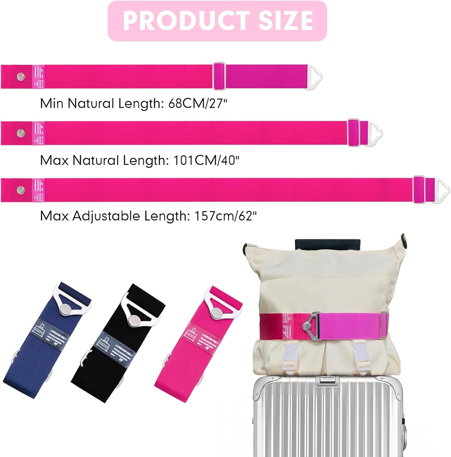 2-in-1 Travel Belt for Luggage Over Handle, Luggage Belt for Carry on Bag, Suitcase Straps, Add a Bag Bungees Luggage Straps Adjustable with Alloy Buckle,Hands-Free for Airport (Pink, 1 Pack)