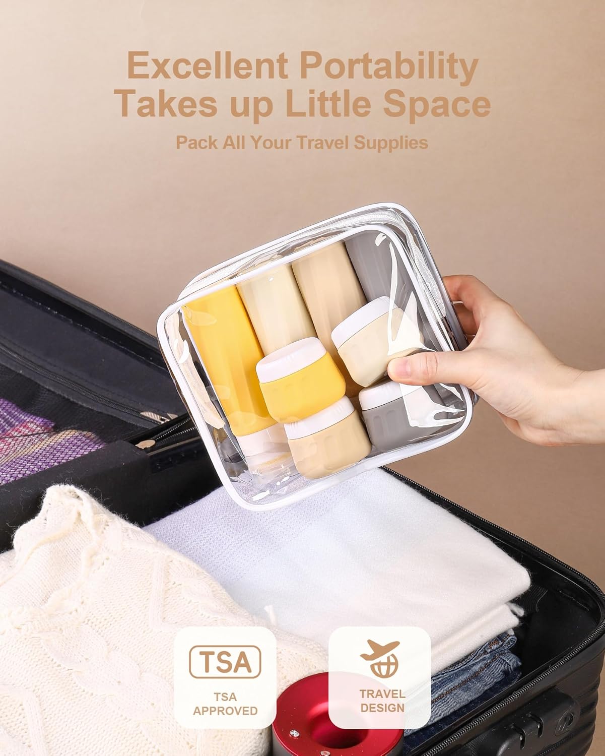Travel Size Toiletries 8 Pack, TSA Approved 3oz/1oz Silicone Squeezable Creams Jars with Clear Travel Bag