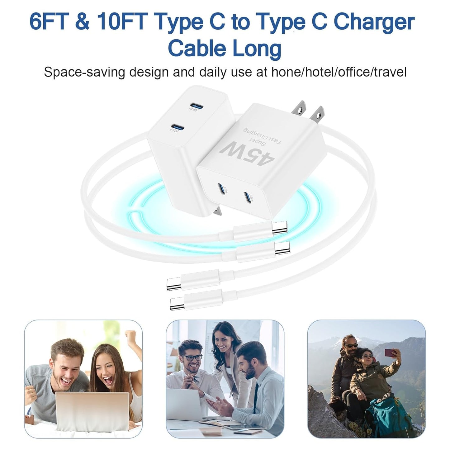 45W Dual Port iPhone 17 16 15 Charger Fast Charging and 6ft 10ft Type C to C Cable Cord Long, USB C Wall Block Plug for Apple iPhone 17 Pro Max/17 Air/16 Pro Max/16/15 Plus/15 Mini/iPad Cube Brick Box