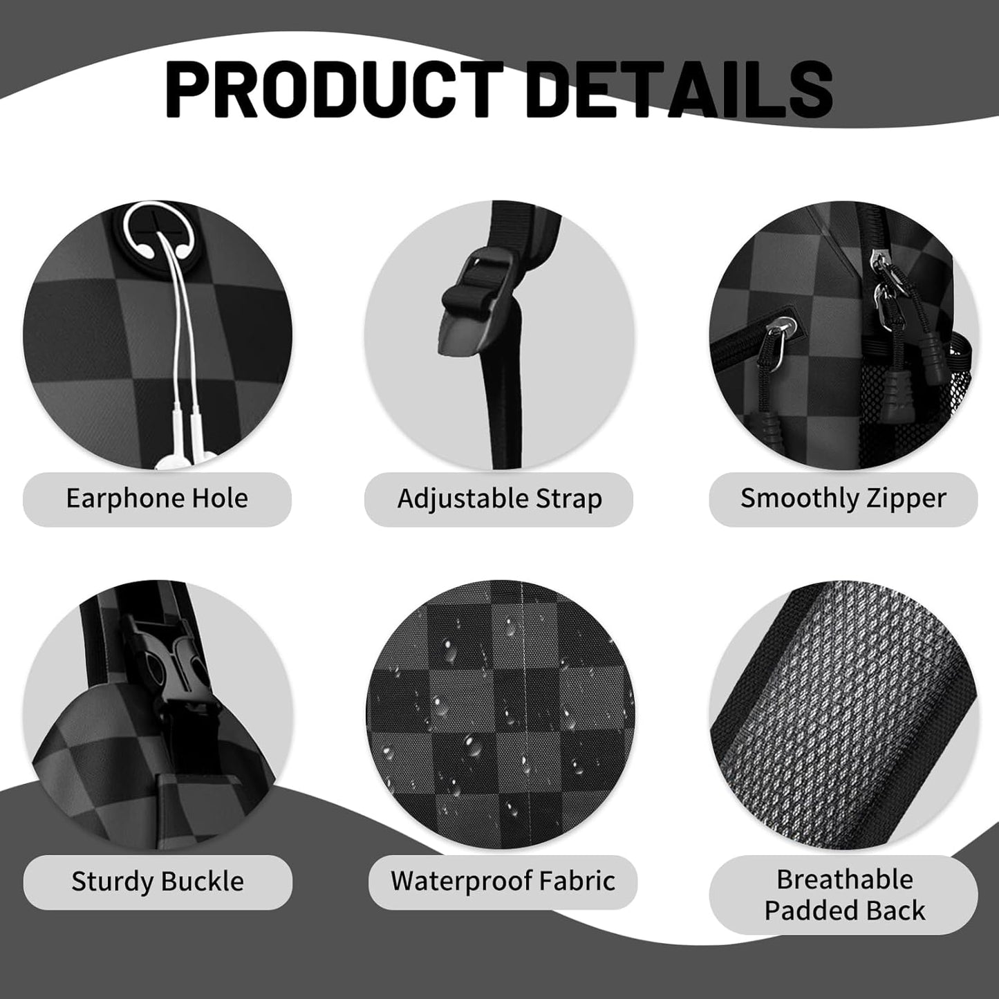 Gray Black Checkered Sling Bag Crossbody Chest Bag for Women Men,Water Resistant Lightweight Casual