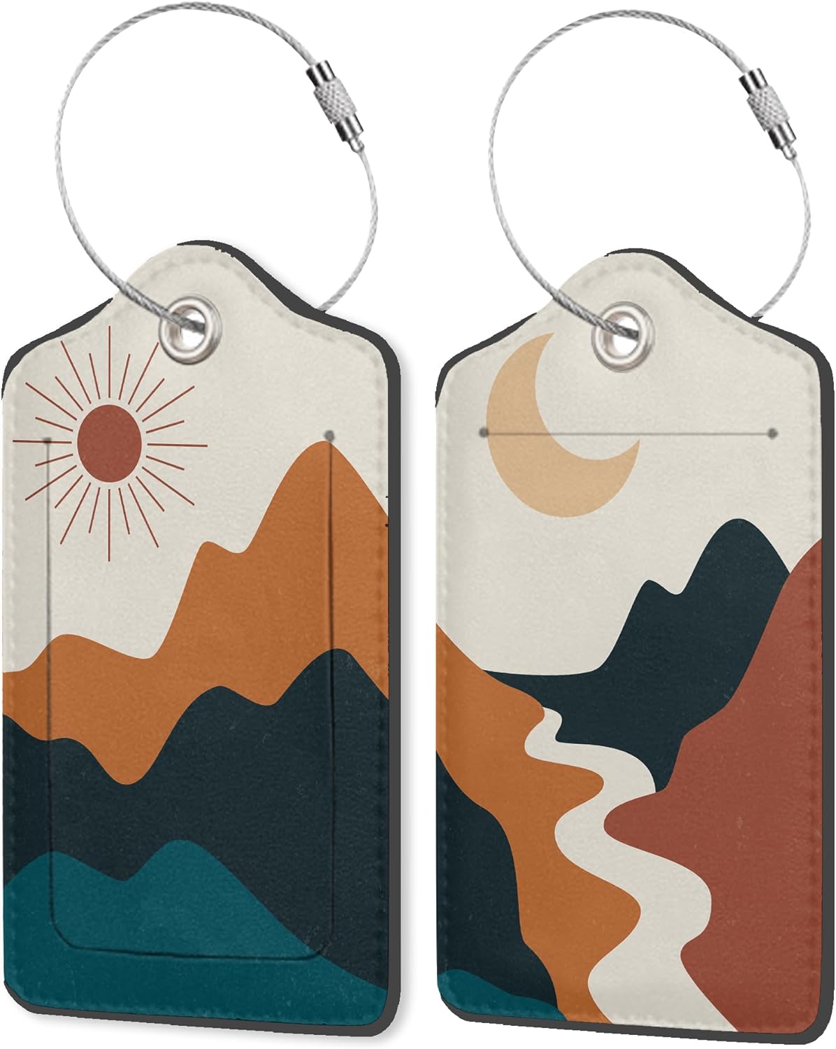 Abstract Landscape PU Leather Luggage Tags for Suitcase, Boho Sun Moon Mountains Travel Cruise 2