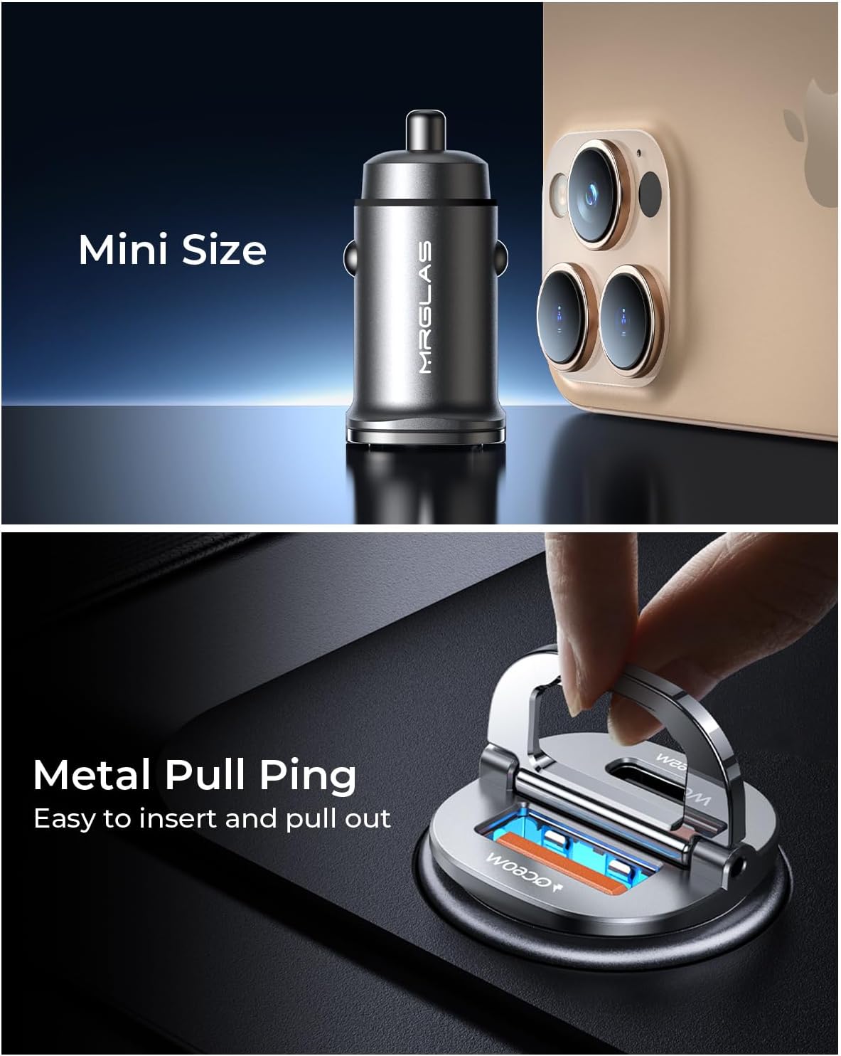 MRGLAS 125W USB C Car Charger, [Mini & Metal] USB C Car Charger Adapter Fast Charging PD65W & QC60W Dual Port Type C Cigarette Lighter USB Charger for iPhone 16 15 Pro Max S25 MacBook-Silver Gray