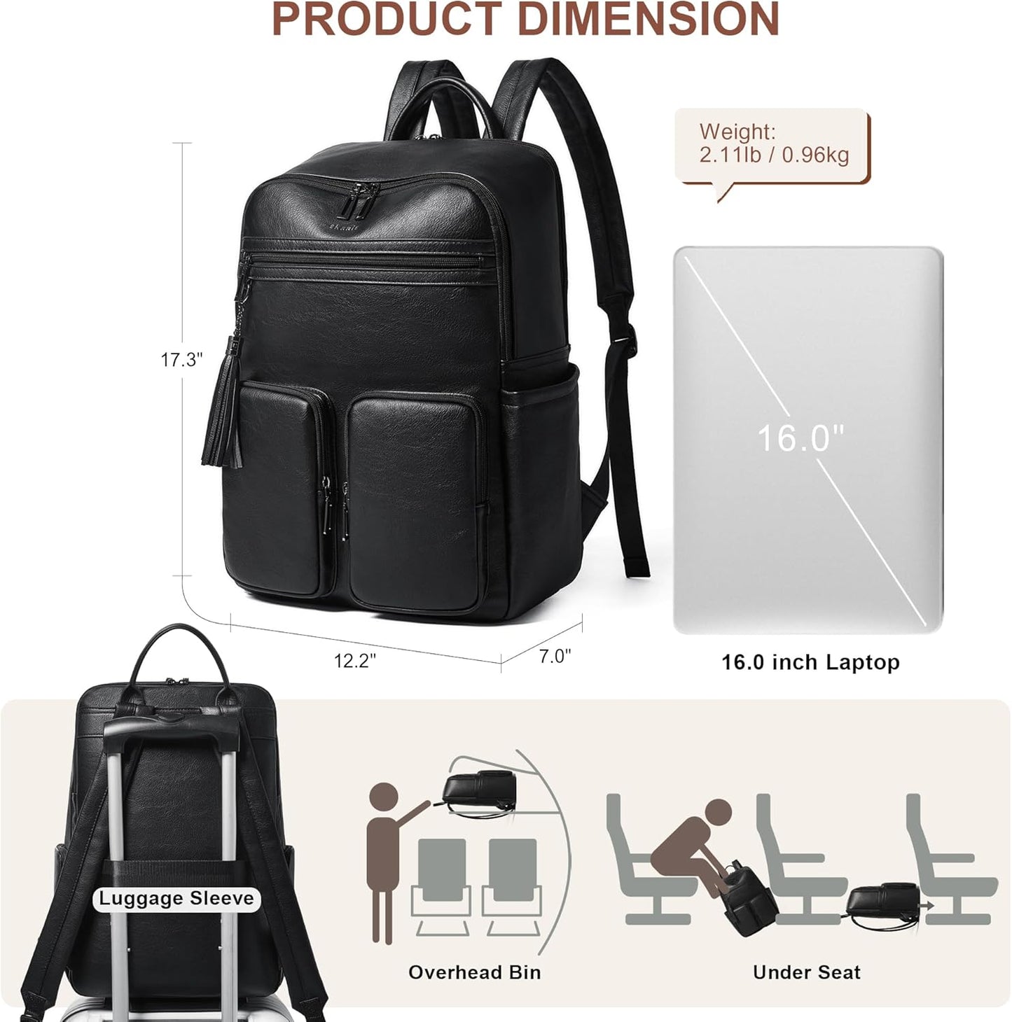 Shrrie Laptop Backpack for Women 16 Inch,Vegan Leather Travel Backpack Purse Work Business Computer Backpacks Teacher Nurse College Laptop Bookbag Casual Daypack,Two-toned Black