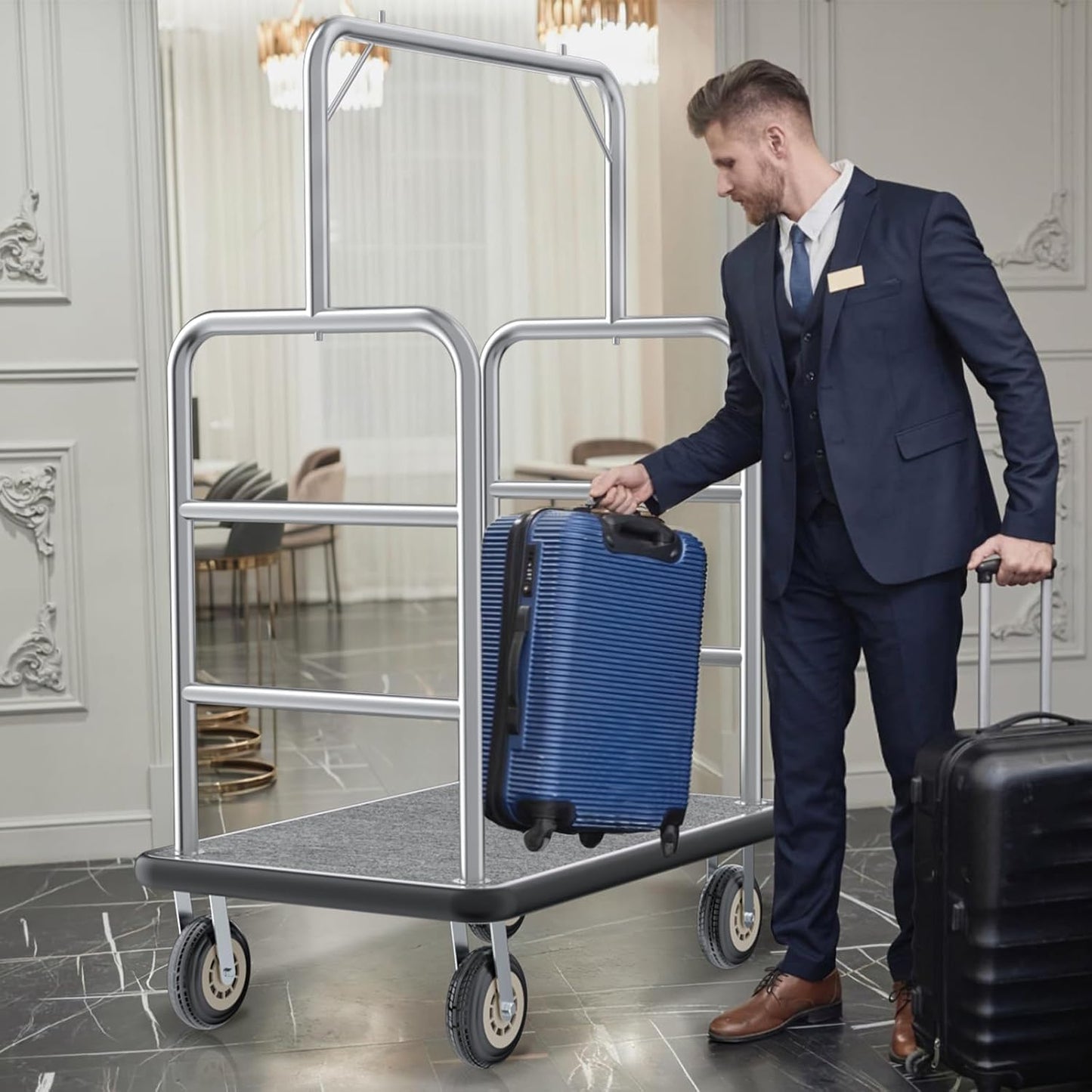 Heavy Duty Luggage Cart - 8" Wheels with Brackets, Commercial Grade Hotel Luggage Trolley, Deluxe Rectangular Steel Bellman Cart with Platform for Hotels Use, 1300lbs Capacity