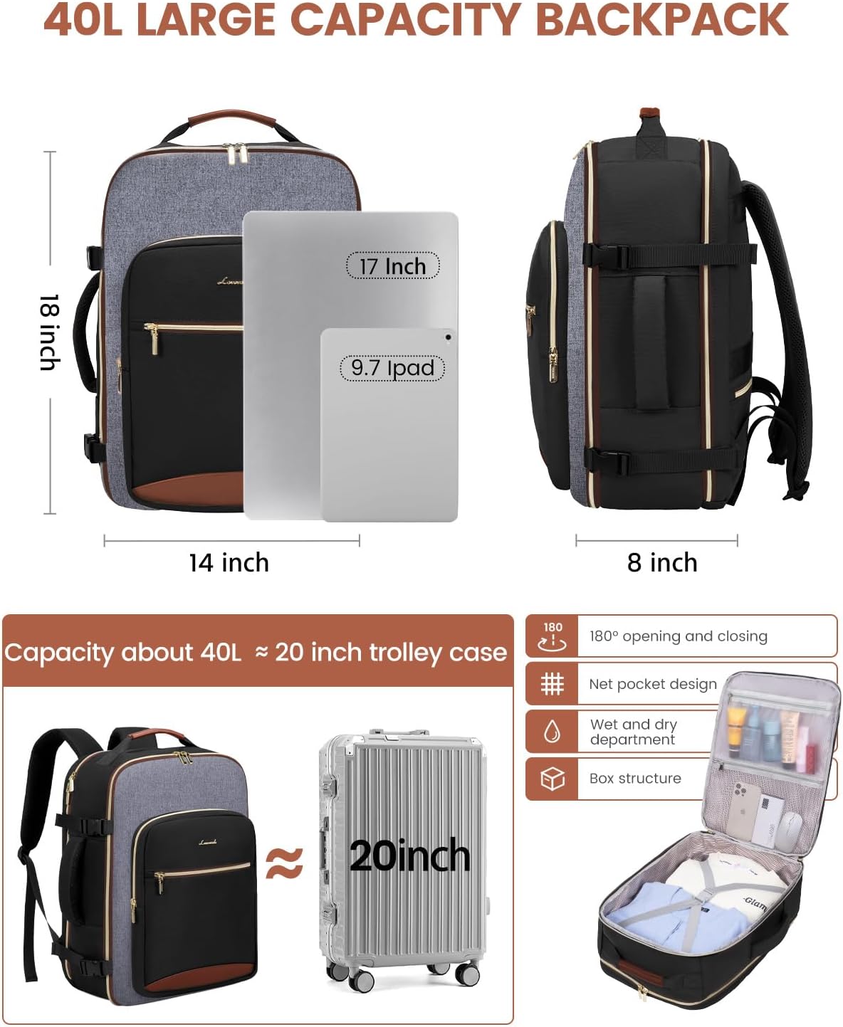 LOVEVOOK 40L Travel Backpack for Women & Men, Airline Approved Carry On Luggage with 3 Packing Cubes, TSA Overnight Bags, Waterproof Personal Item Bag, Weekender Essentials Backpacks fits 17" Laptop