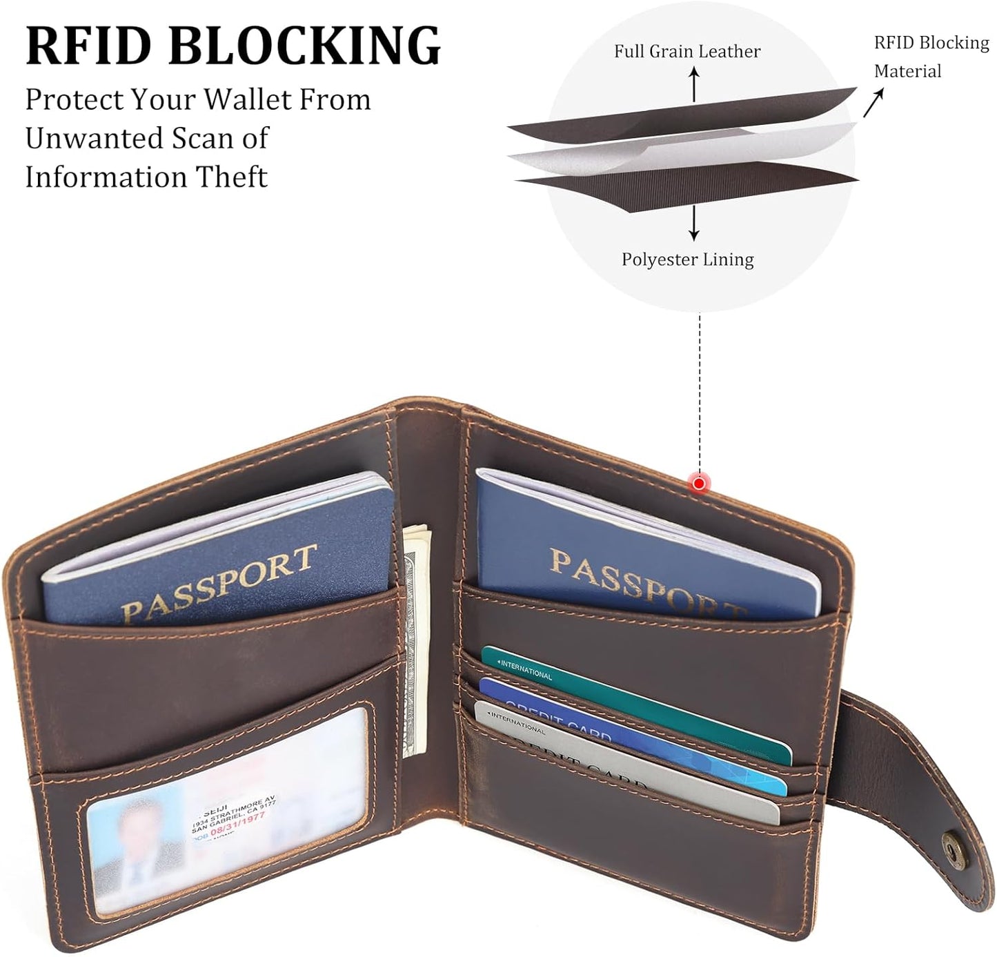 Polare Full Grain Leather Slim and Soft RFID Blocking Wallet for Men Snap Bifold Travel Wallet Passport Holders 2 Passports (Dark Brown with AirTag Slot)