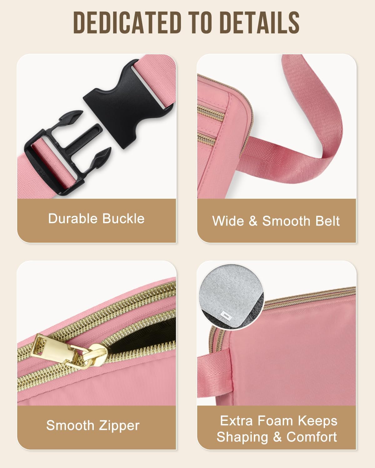 Capolo Fanny Packs for Women Fashion Waist Packs Bag with Adjustable Strap and 4 Zipper Pockets Waterproof Everywhere Crossbody Belt Bag for Workout Running Travelling(Pink, Large)
