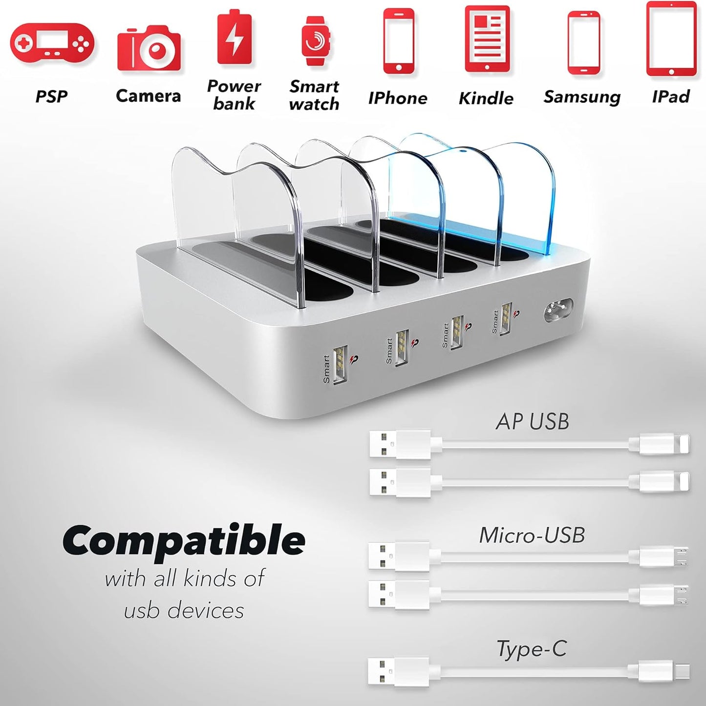 4 Port USB Charging Station - Fast Charging Dock for Multiple Devices Apple - Multi Device Charger Station - Compatible with Apple iPad, iPhone, Android, and Tablet - Charge Rack