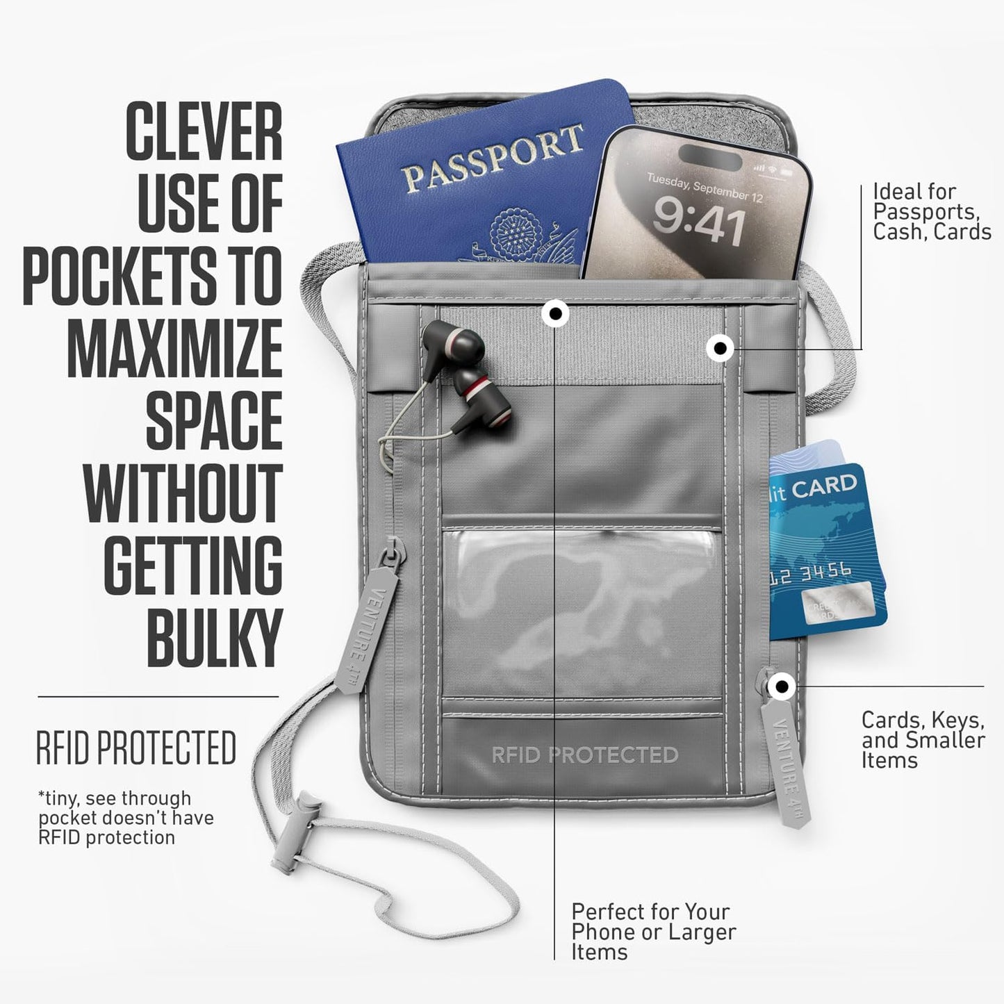 VENTURE 4TH Neck Wallet, RFID Blocking Passport Holder for Travel – Hidden Neck Pouch with 5 Compartments, Slim Lightweight Organizer with Adjustable Strap for Cash, Cards & Passport (Sleek Silver)