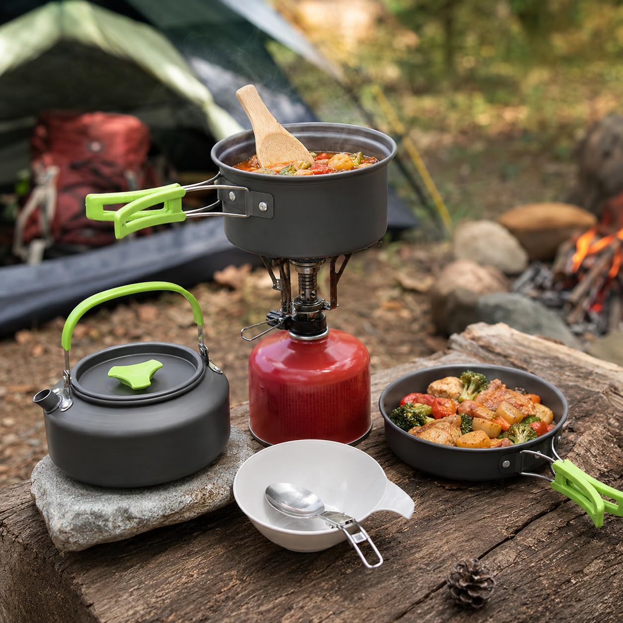 MalloMe Camping Cookware 17 pcs Mess Kit with 1.1L Kettle for Backpacking Gear – Camping Cooking