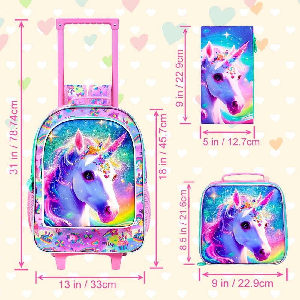 3PCS Rolling Backpack for Girls and Boys, Kids Roller Wheels Bookbag, Wheeled Elementary School Bag with Lunch Bag
