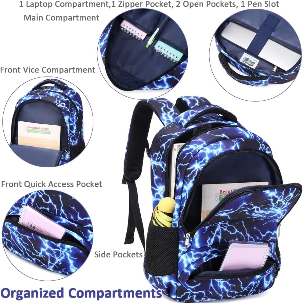 Boys Backpack for Elementary Middle School Backpacks for Kids Boys Girls Bookbag for Teens Lightning School Bags