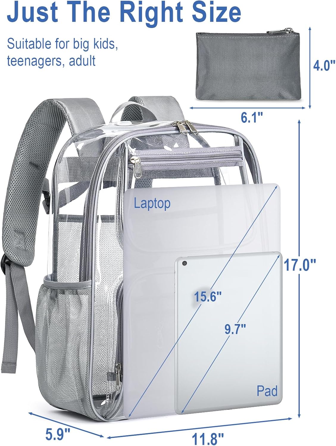 Heavy Duty Clear Backpack For Kids Women Men Boys Girls, 17 Inch Large See Through Backpack, Clear Bookbag With An Extra Pouch Accessories, Transparent Bag For School College Sport Work, Grey