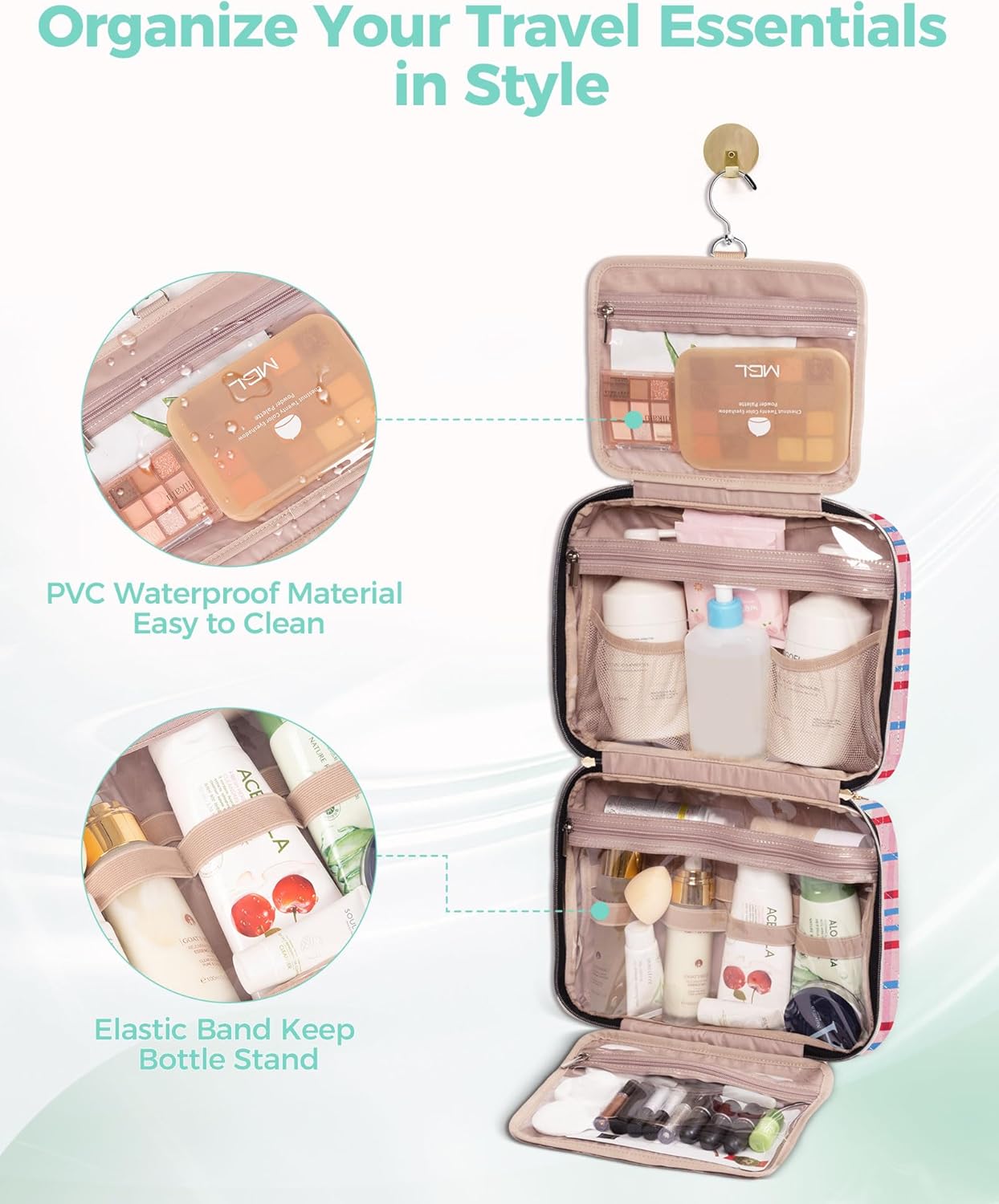 Travel Hanging Toiletry Bag for Women,Makeup Bag Cosmetic Organizer Waterproof with Hanging Hook Multiple Pockets for Women Travel Essentials Plaid Red