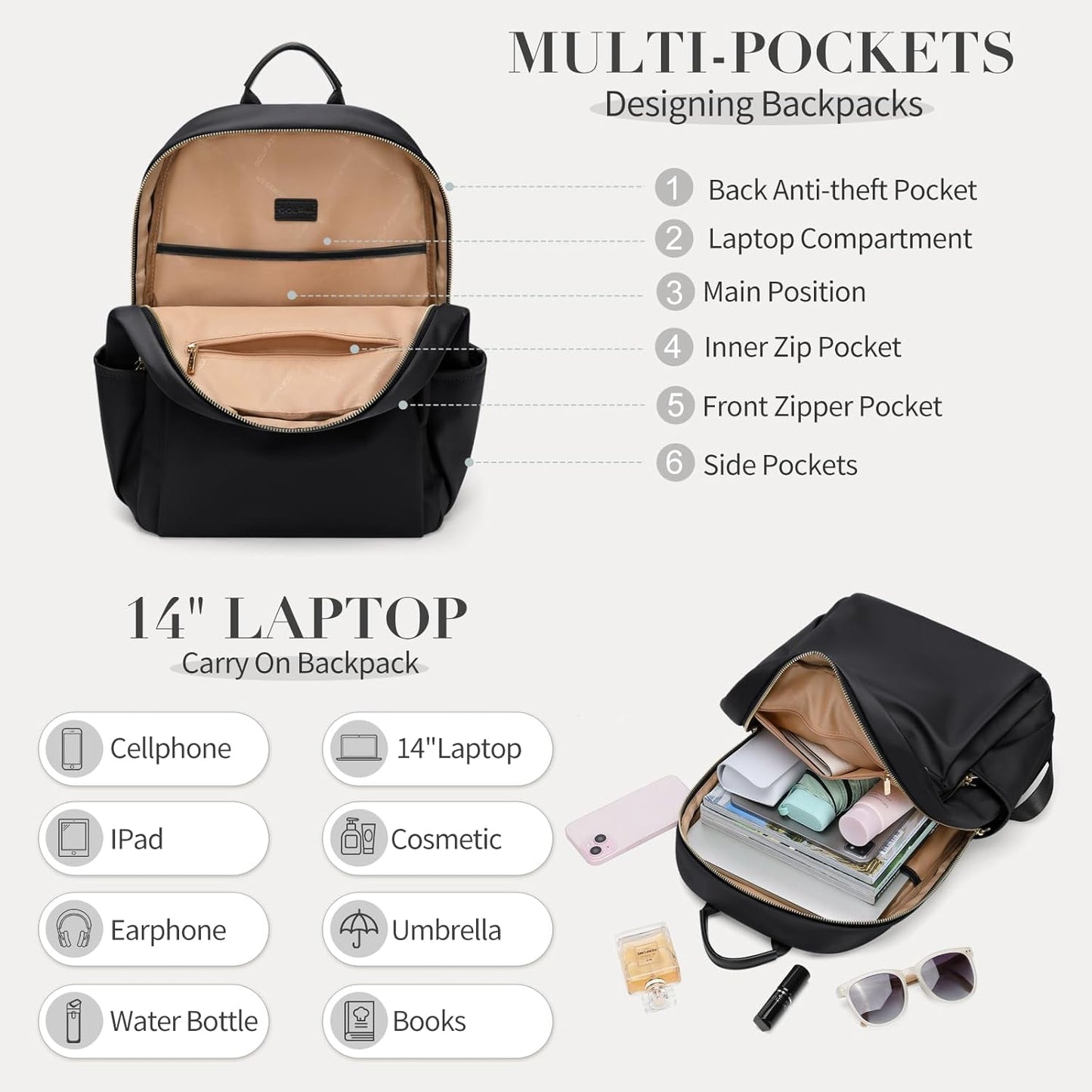 GOLF SUPAGS Stylish Laptop Backpack for Women Computer Bag Fits 14 Inch Notebook Travel College Work Backpacks Purse (Black)