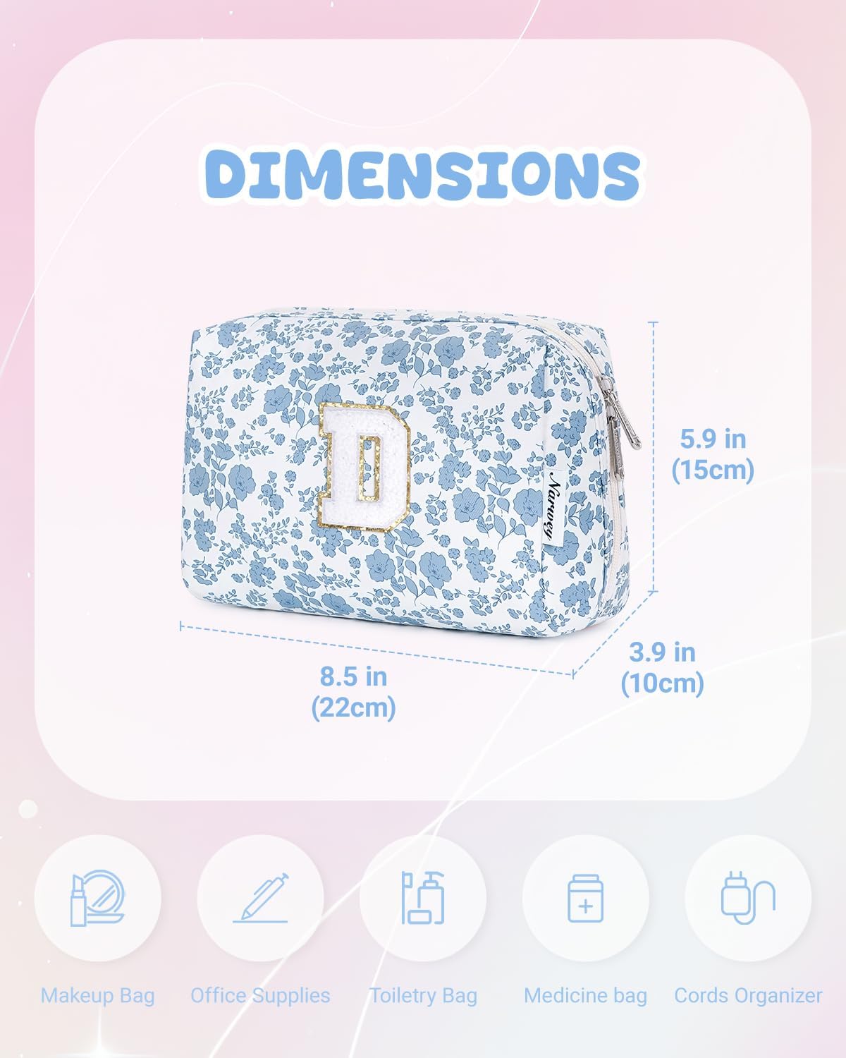 Narwey Birthday Gifts for Teen Girls Kids Women Personalized Initial Floral Makeup Bag Cute