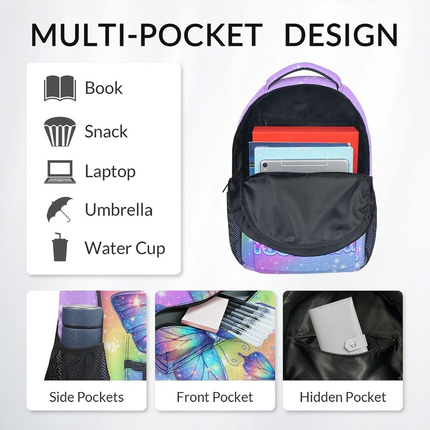 Bookbag for Girls, Personalized Butterfly Backpacks for Kids, Elementary Preschool School Bag for Toddler, 17" Custom Cute Rainbow Bookbag with Name