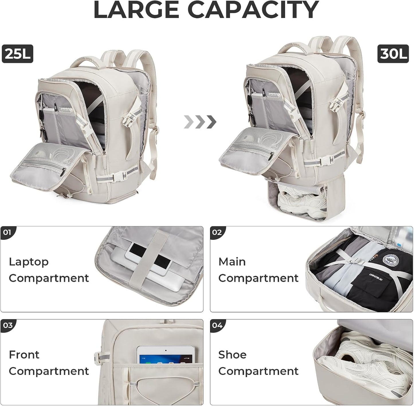 CLUCI Travel Backpack 30L, Waterproof Laptop Backpack Fits 17.3 Inch Laptop, Carry On Backpack with shoe compartment, Durable Expandable Gym, Large Hiking Backpack for Men Women（White）
