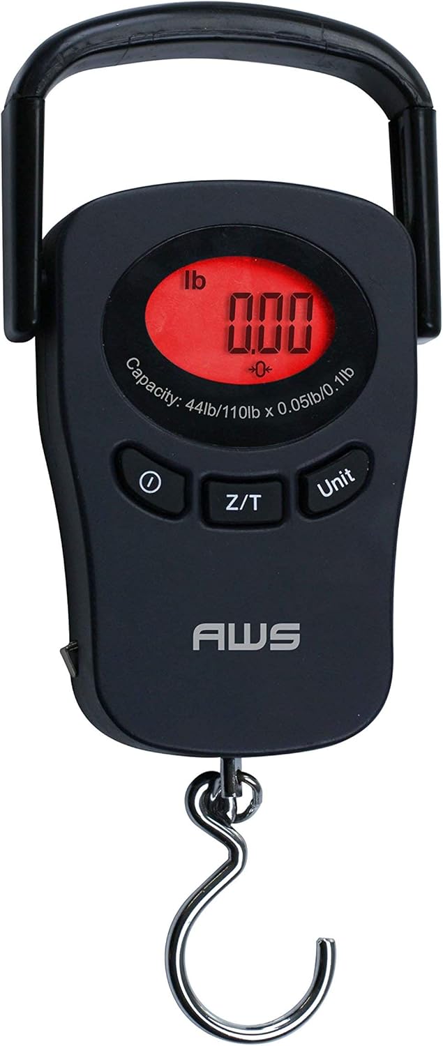 American Weigh Scales PK-110 Digital Hanging Scale – 110lb x 0.1lb Capacity, Red Backlit LCD Display, Portable Electronic Luggage & Fishing Scale (Black)