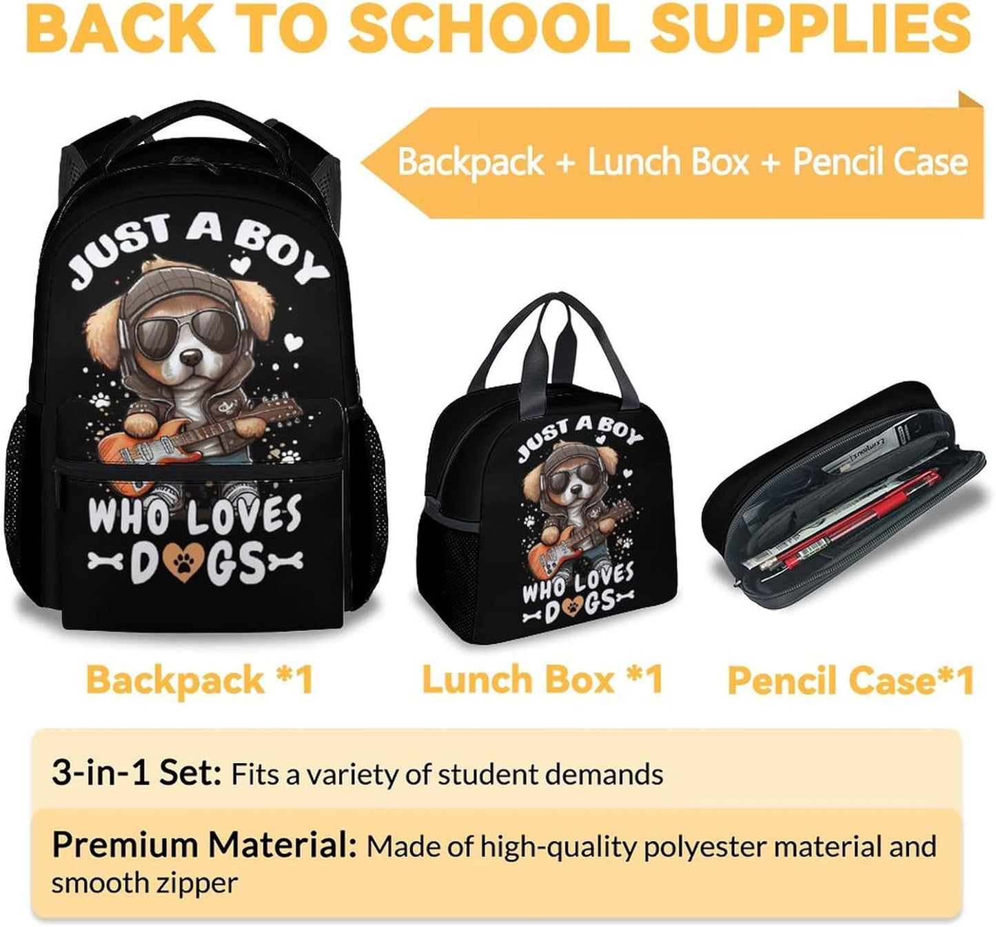 Dog Backpack with Lunch Box, Set of 3 School Backpacks Matching Combo, Cute Black Bookbag and Pencil Case Bundle