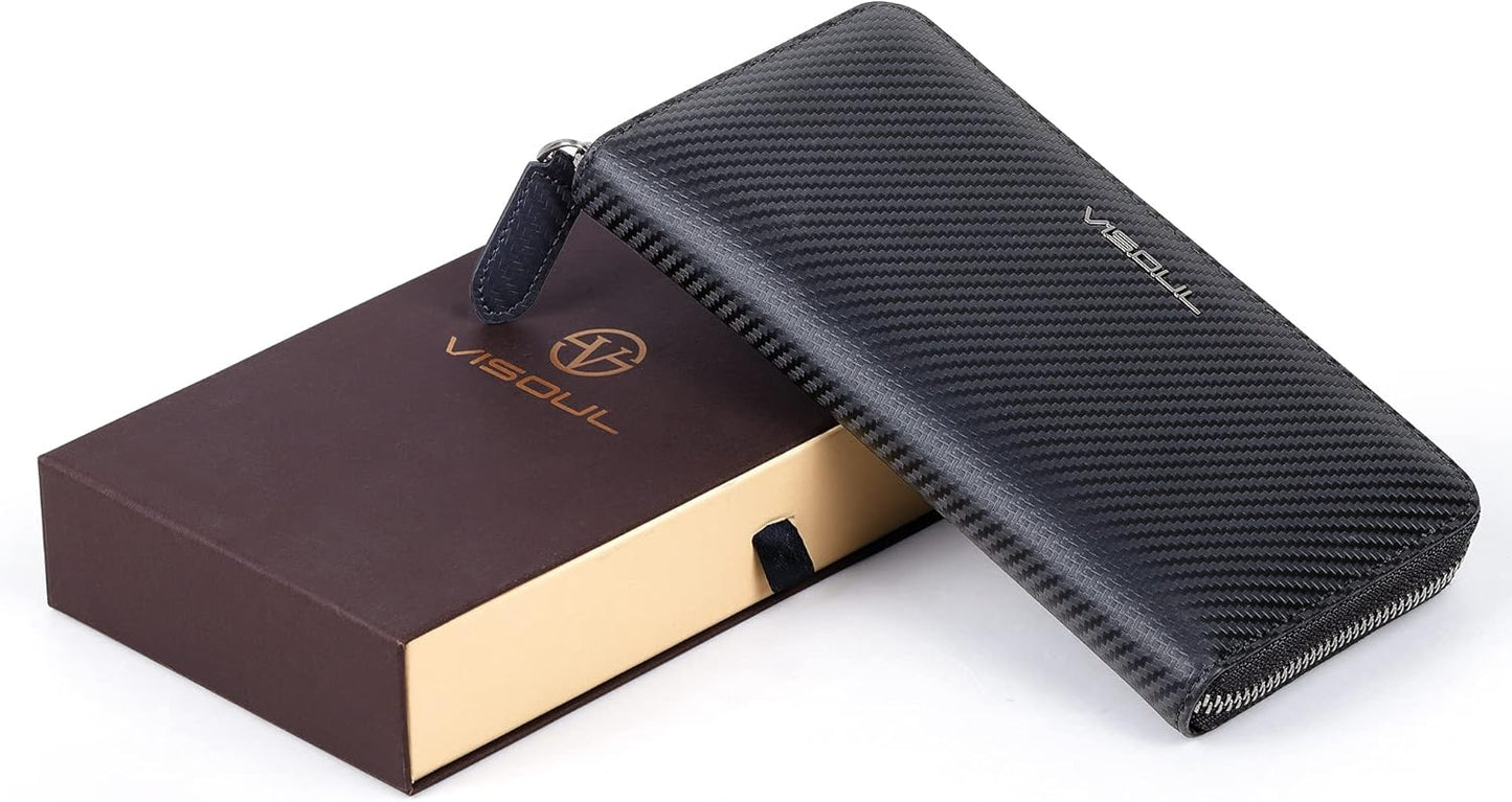 VISOUL Leather Long Zippered Pouch Wallet for Men with RFID Blocking Two-tone, Large Carbon Fiber Leather Clutch Cash Long Wallet with Zipper (Black+Burgundy)