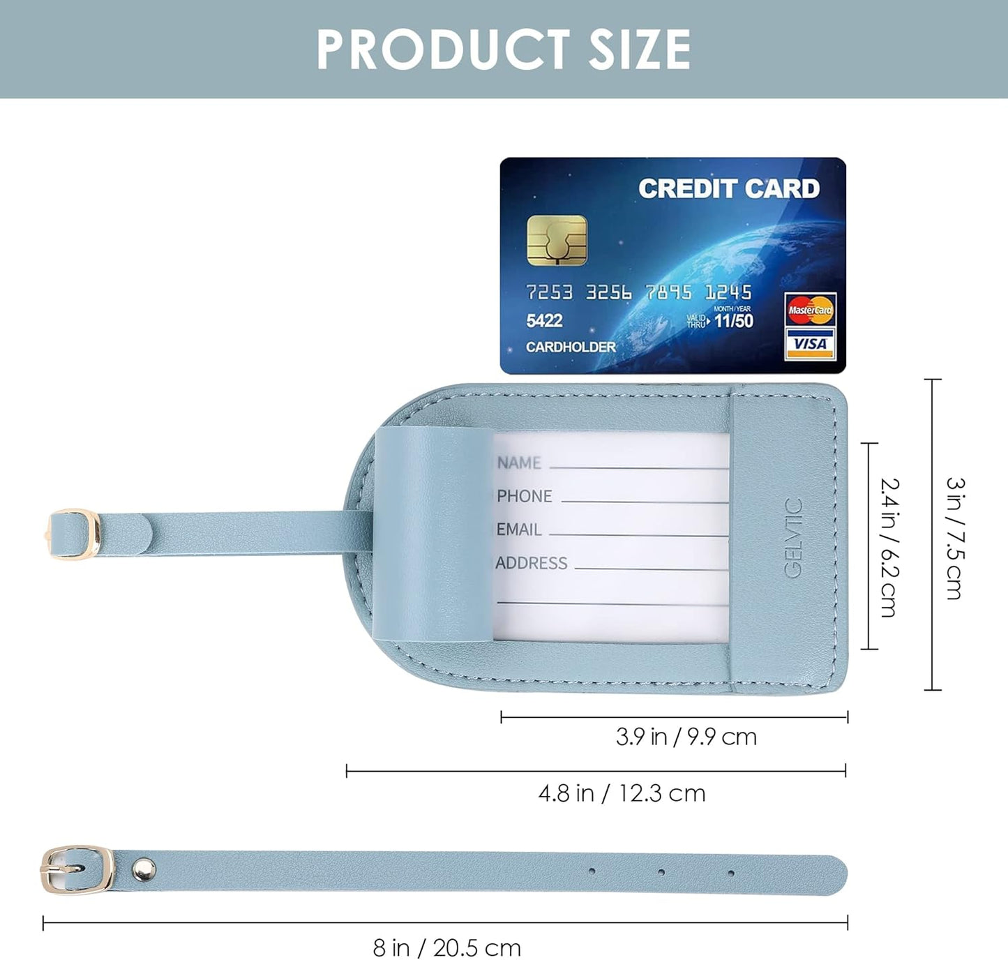 Faux Leather Luggage Tags for Suitcase Tag Set Privacy Protection with Identifie Name Lable ID Card Baggage tag for Men Women Travel Accessories, 2/4 Pack (LT06-Sky Blue)