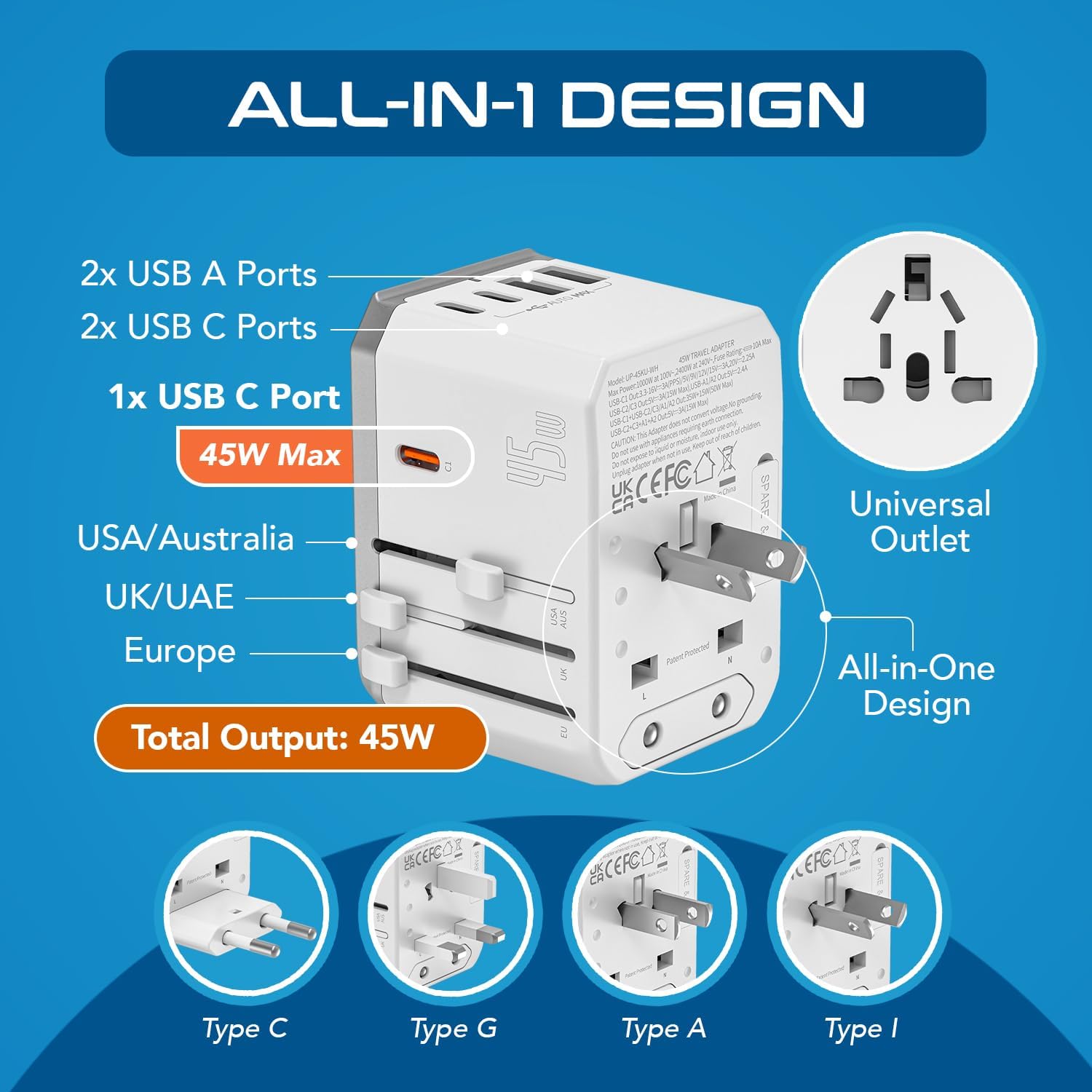 Ceptics 6-in-1 Universal Travel Adapter with 2X USB-A and 3X USB-C, 45W for Global Use, Compatible
