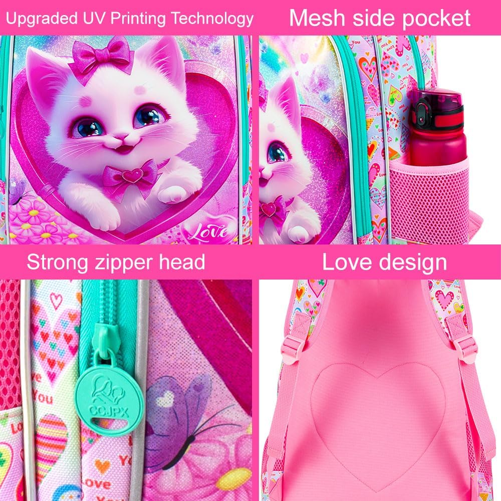 3PCS Girls Backpack, Kids Water Resistant Heart Bookbag Set with Lunch Box, Cute Kids School Bag for Preschool Toddler