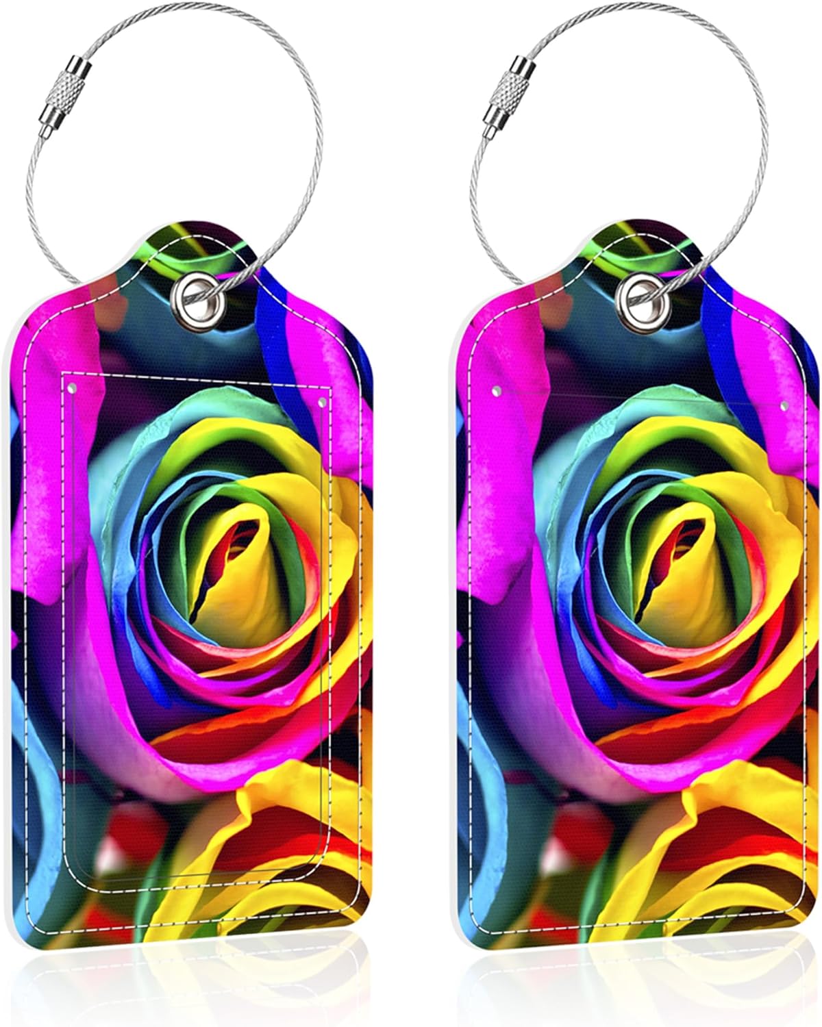 Luggage Tags for Suitcase,2 Pack Rainbow Rose Luggage Tag,PU Leather Id Label Luggage Tags with Stainless Steel Loop and Privacy Cover for Women Men Teens Travel