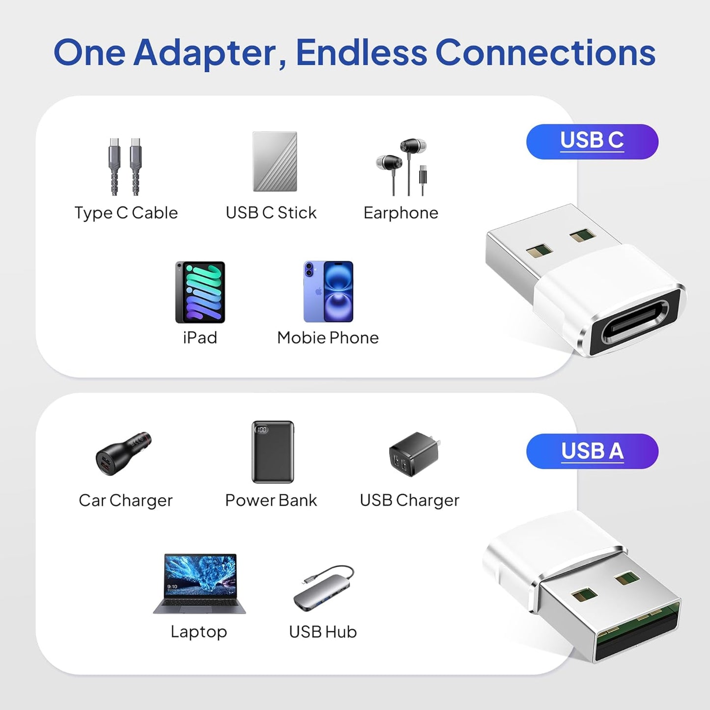 Elebase for iPhone 17 Air Pro Max Adapter,USB to USB C Adaptor 4 Pack,Type C Female to USB A Male Charger Connector for Apple 16 15 14 13,iWatch 11 10,iPad 8 8th 9 9th 10th Air 4th 5 Mini 6 Generation