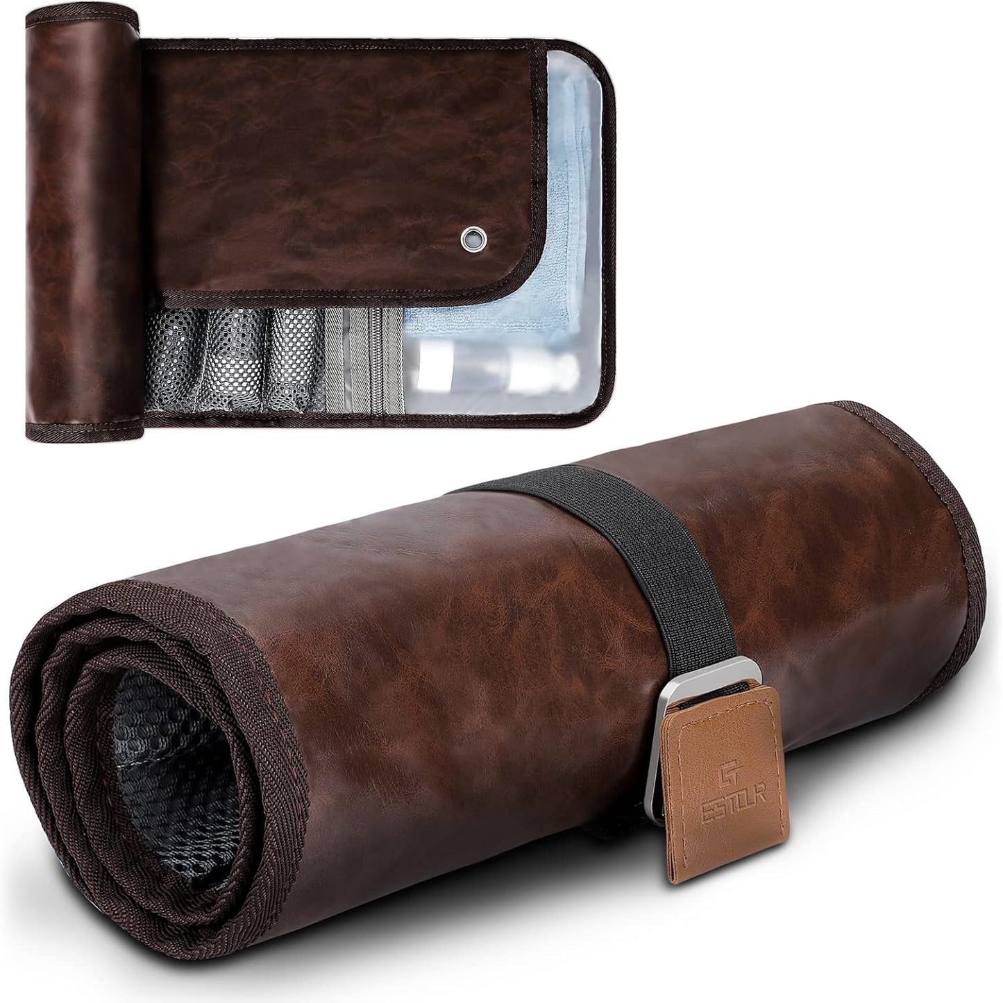Toiletry Bag for Men, Travel Essentials Travel Toiletry Bag, Water-Resistant Compact Bathroom Roll Organizer for Hygiene, Shaving kit, Gifts for men (1.Chic Brown(PU Leather))