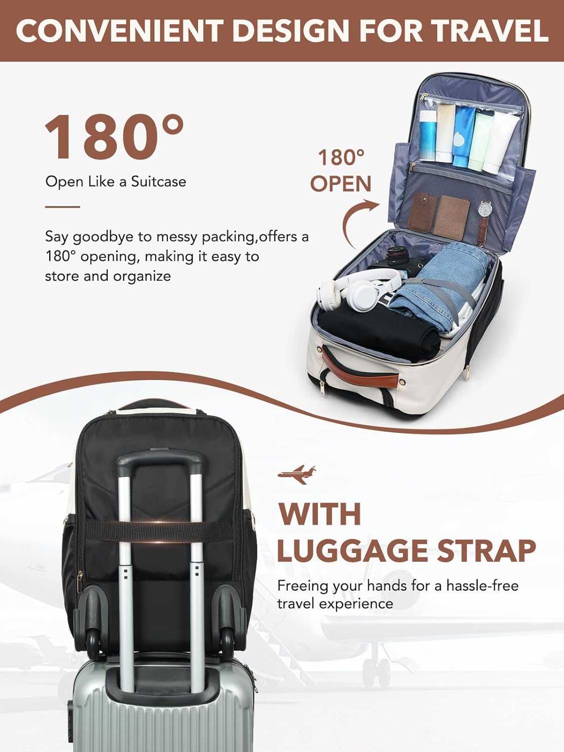 Rolling Backpack for Women, Large Travel Backpack with Wheels Carry on Flight Approved, 17 Inch Laptop Wheeled Roller Bag Suitcase Luggage for Work Bussiness Weekender (Beige,L Underseat Size)